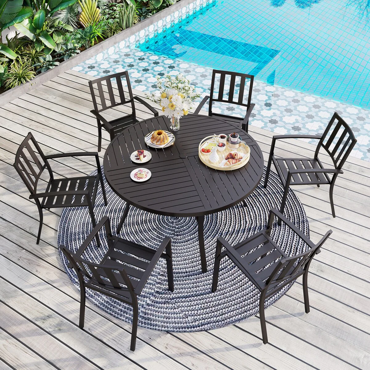 MAISON ARTS 7 Pieces Outdoor Dining Set for 6, Large Round Dining Table with Umbrella Hole & Stackable Metal Chairs