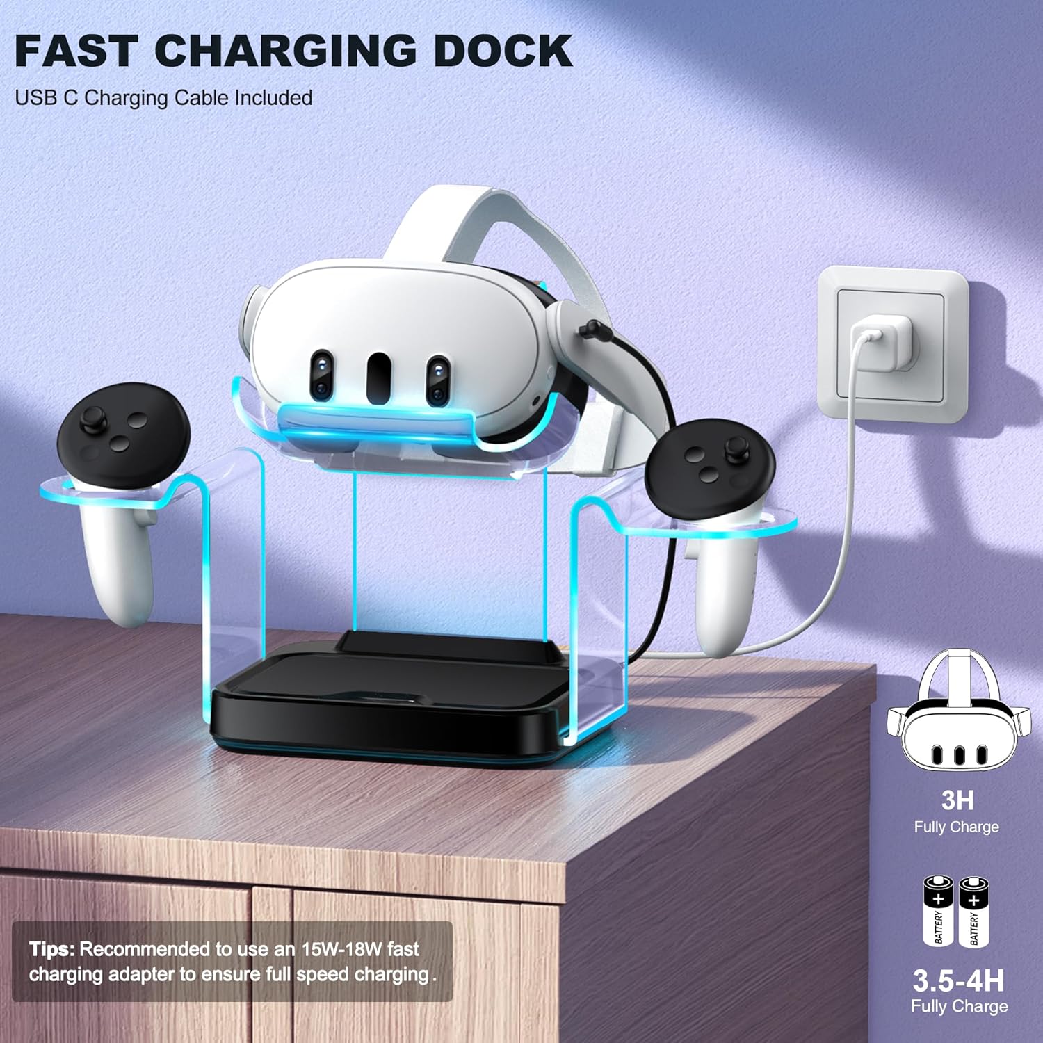 Charging Dock Station for Quest 3 / 3S / 2 with 4 Rechargeable Controller Batteries Charging Station for Meta 3 / 3s VR Headset Stand Accessories USB C Cable (S-Charging Dock)