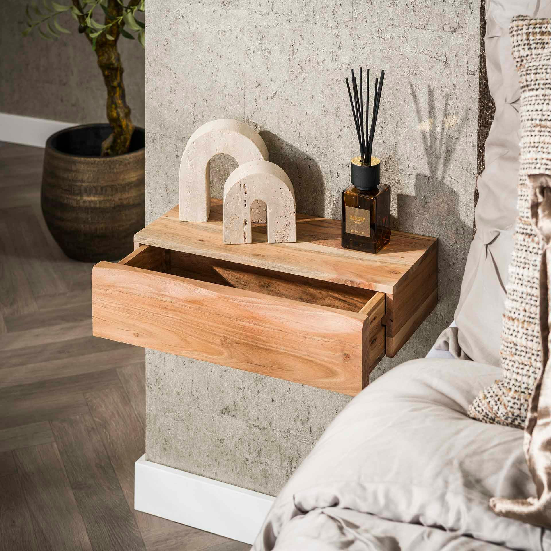 Table de chevet murale bois massif 1 tiroir (lot de 2) MELBOURNE