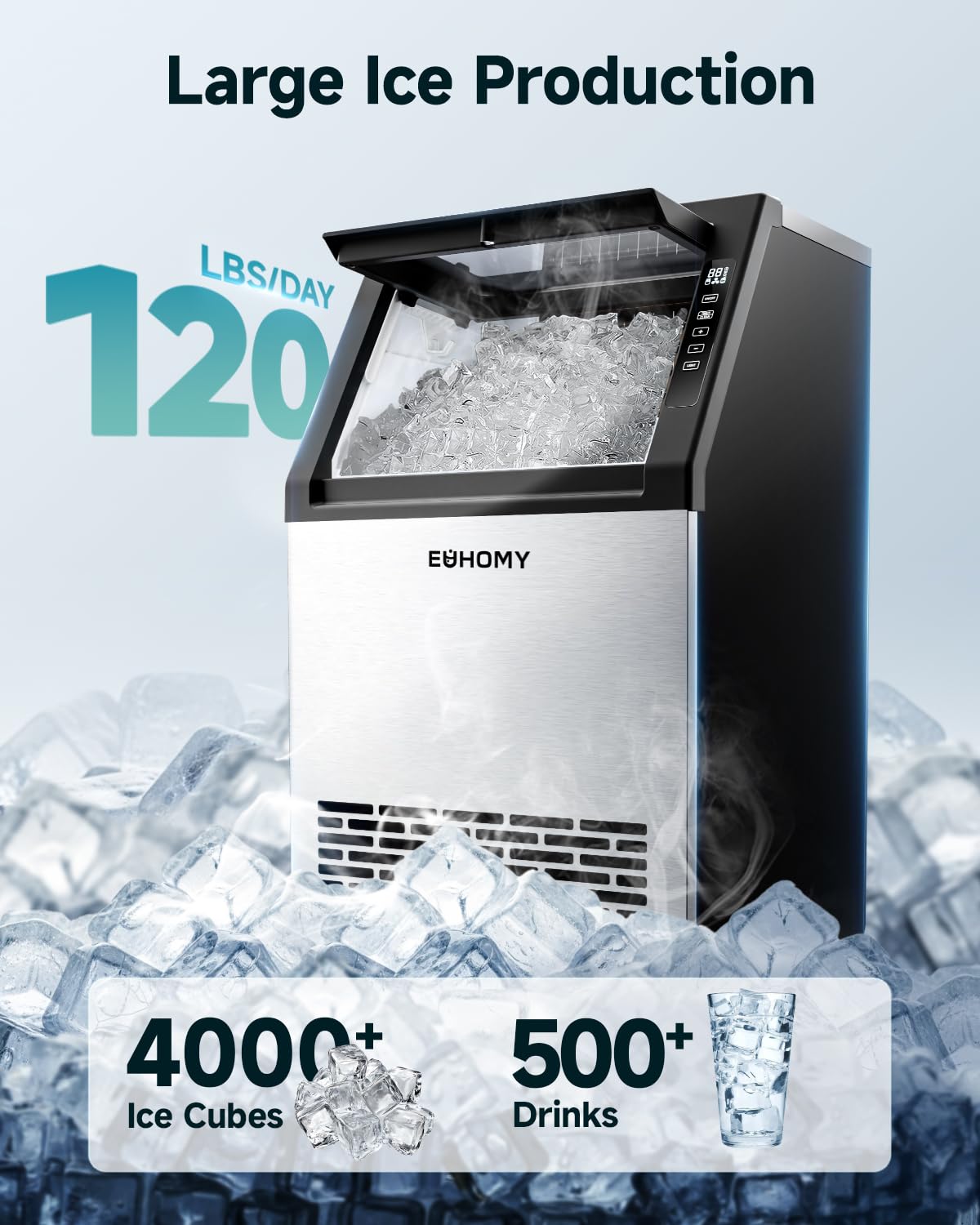 EUHOMY Commercial Ice Maker Machine,120lbs/24H Stainless Steel Under Counter Ice Machine with 33lbs Storage Bin, Freestanding Ice Maker for Home/Bar/Cafe/Restaurant