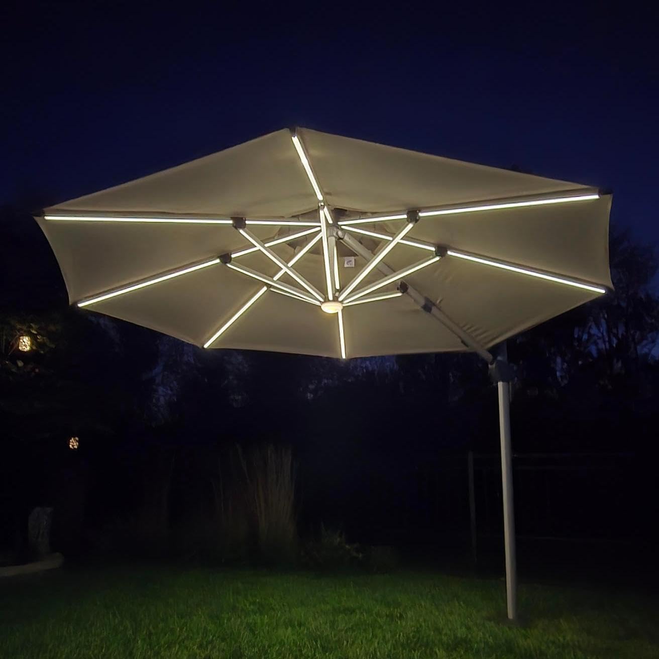 PURPLE LEAF 11ft Solar powered LED Patio Umbrella Outdoor Round Umbrellas Large Cantilever Umbrella with LED lights Windproof Offset Umbrellas Heavy Duty for Garden Deck Pool Patio, Beige