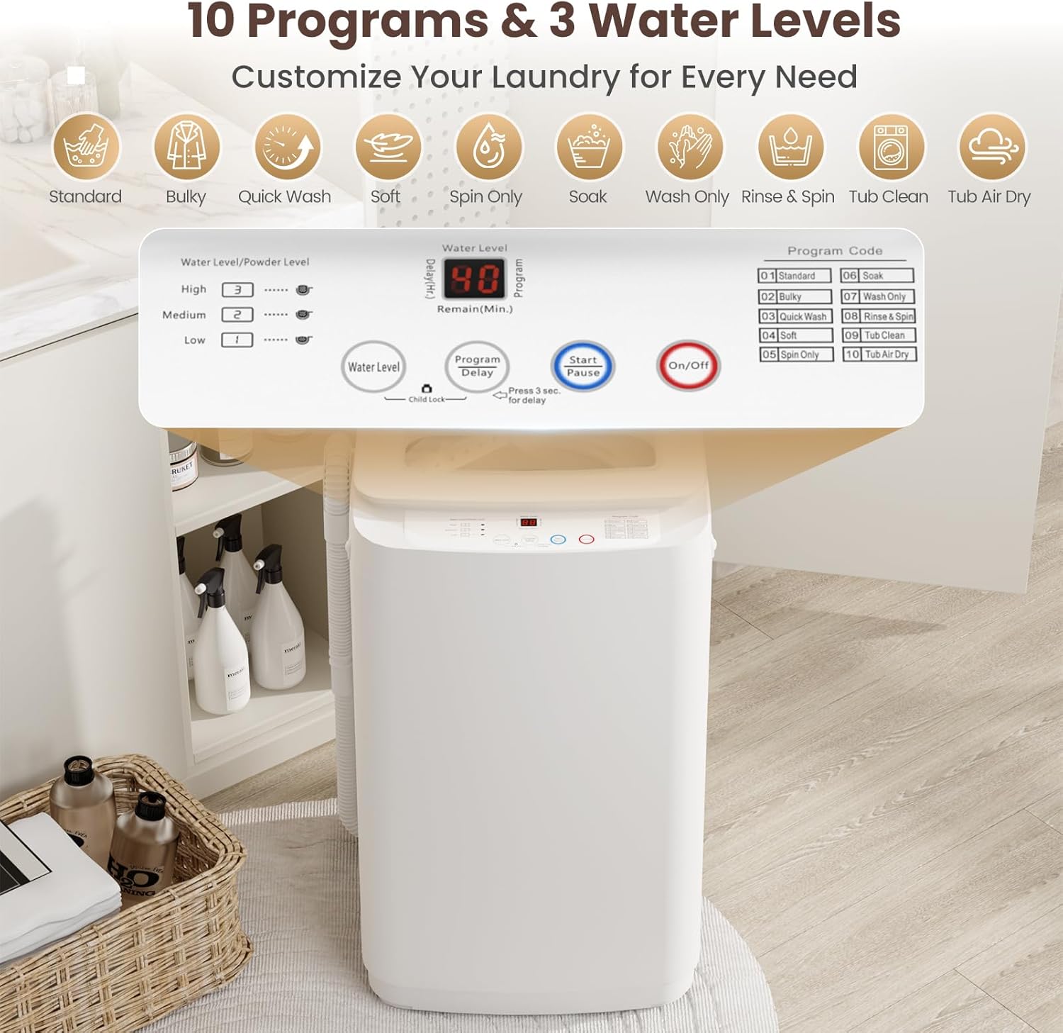 Auertech 14 lbs Portable Washing Machine, Fully Automatic Portable Washer with Glass Lid, 10 Wash Cycles, Compact Capacity Washer and Spin Dryer Combo with Drain Pump for Apartment, Dorm, RV