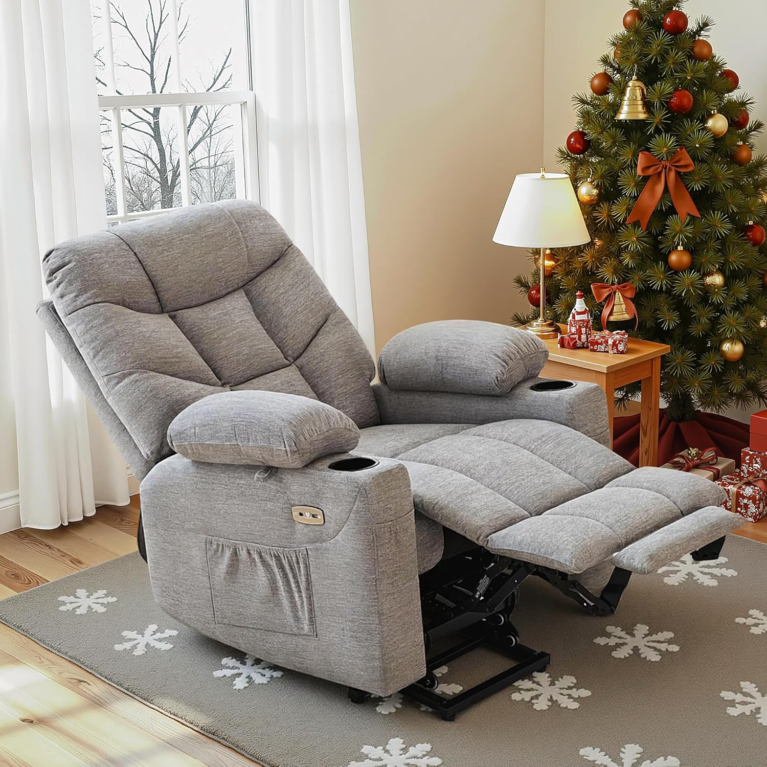 MCombo Power Lift Recliner Chair with Extended Footrest for Elderly People, Fabric 7287 (Light Grey, Medium)