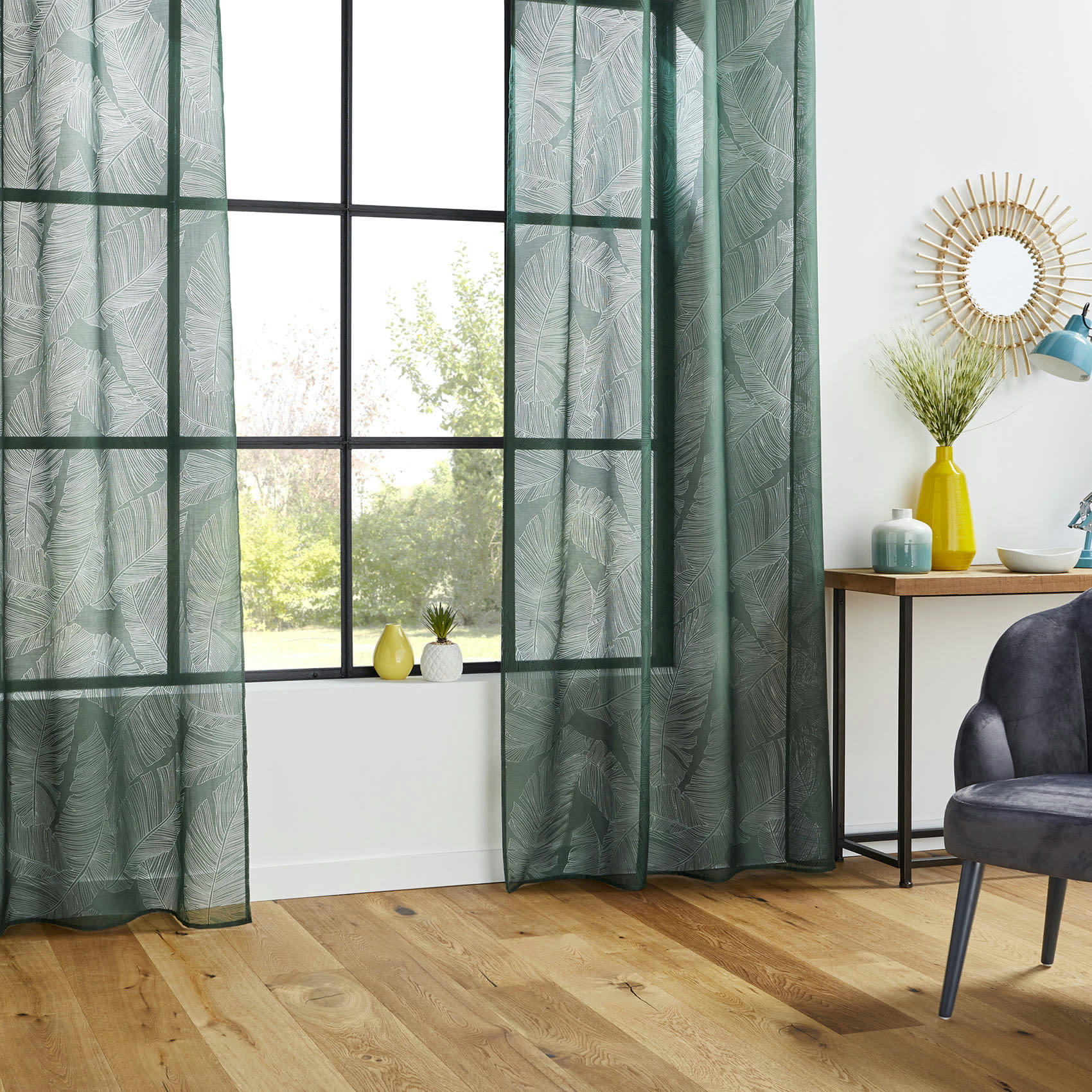 - Voilage tamisant imprimé feuilles polyester vert sapin 140x240 cm