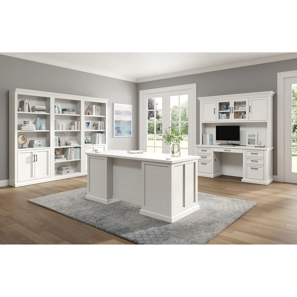 Modern Wood Desk, Office Writing Table, Credenza, Fully Assembled, White Finish