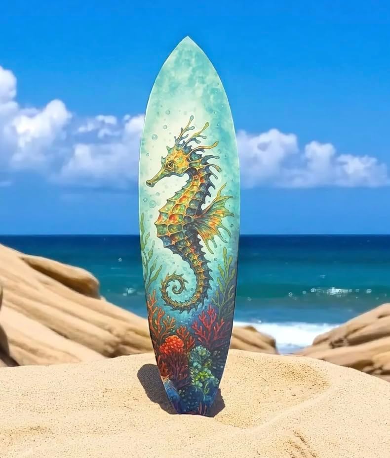 JennyGems Seahorse Surfboard Wall Art Coastal PVC Beach House Decor, Ocean Theme Nautical Wall Sign, Tropical Underwater Sea Dragon, 4 Foot