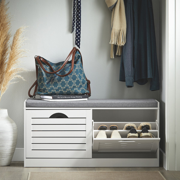 SoBuy Ławka na buty z 2 drzwiami Biały/Szary 94×30×47cm FSR62-II-W