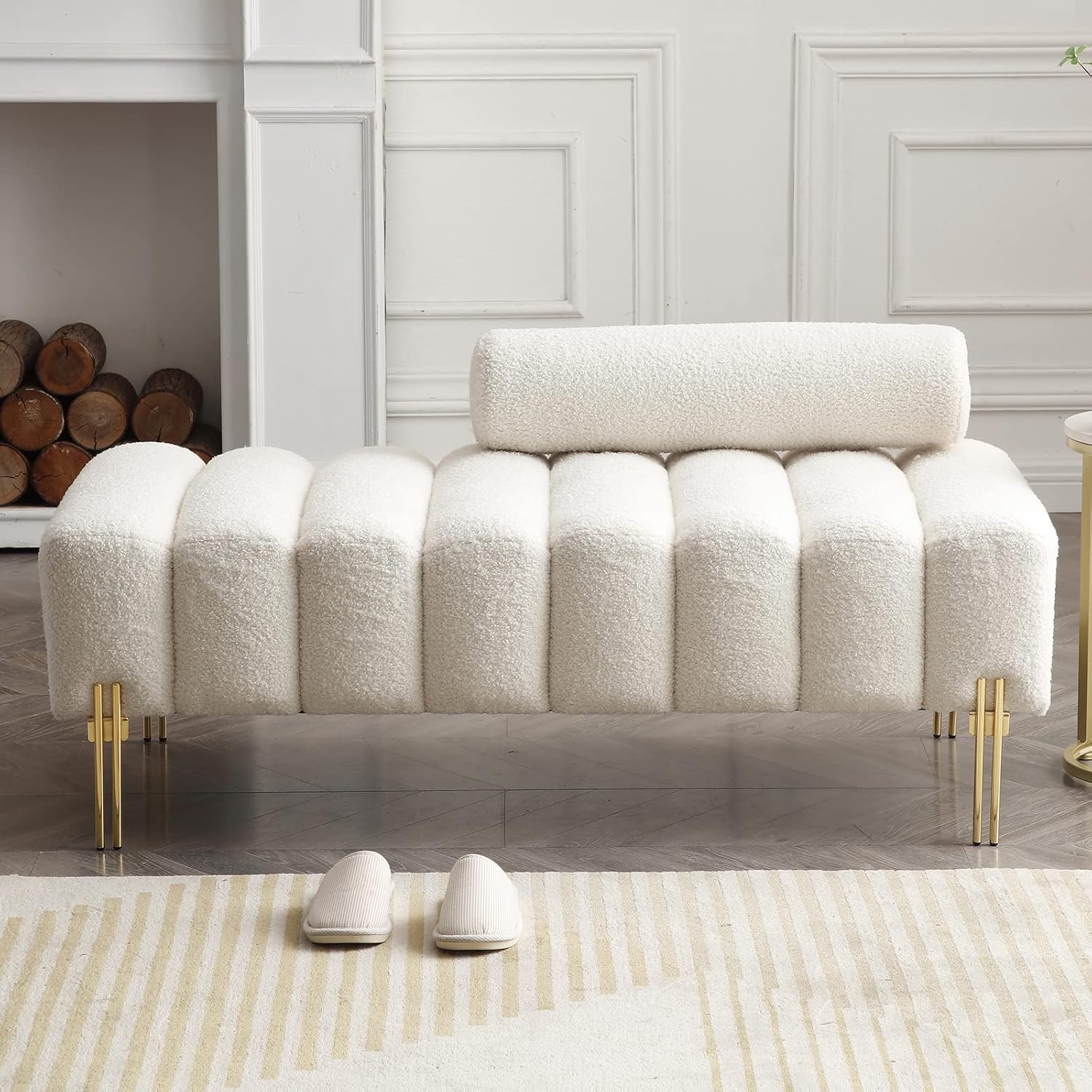NIOIIKIT 53.2 Modern Loveseat Sofa Couch, Upholstered Accent Sofa with Golden Legs and Adjustable Backrest, Small Teddy Fleece Couches for Bedroom, Living Room, Compact Small Space (Beige Teddy)