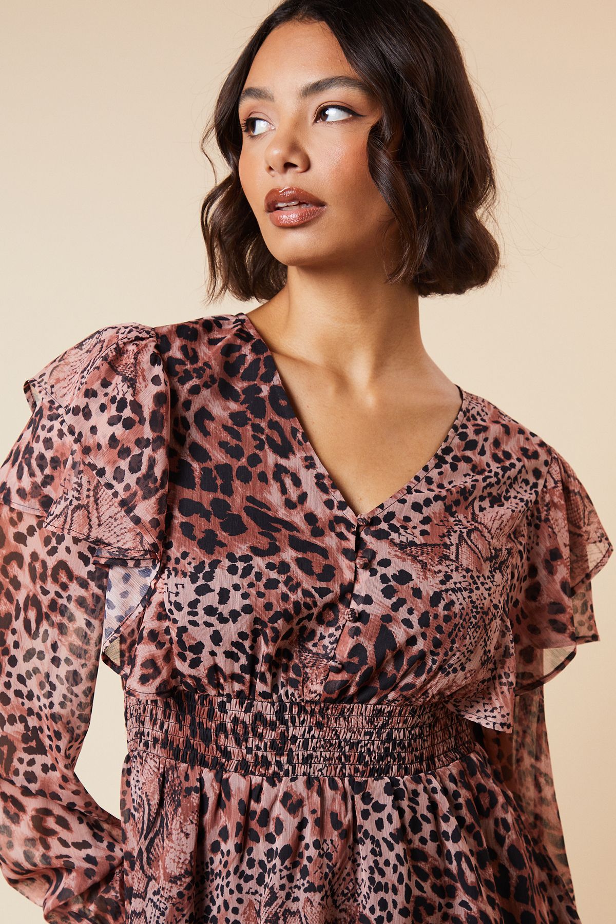 Dorothy Perkins Animal Shirred Waist Button Front Chiffon Long Sleeve Blouse