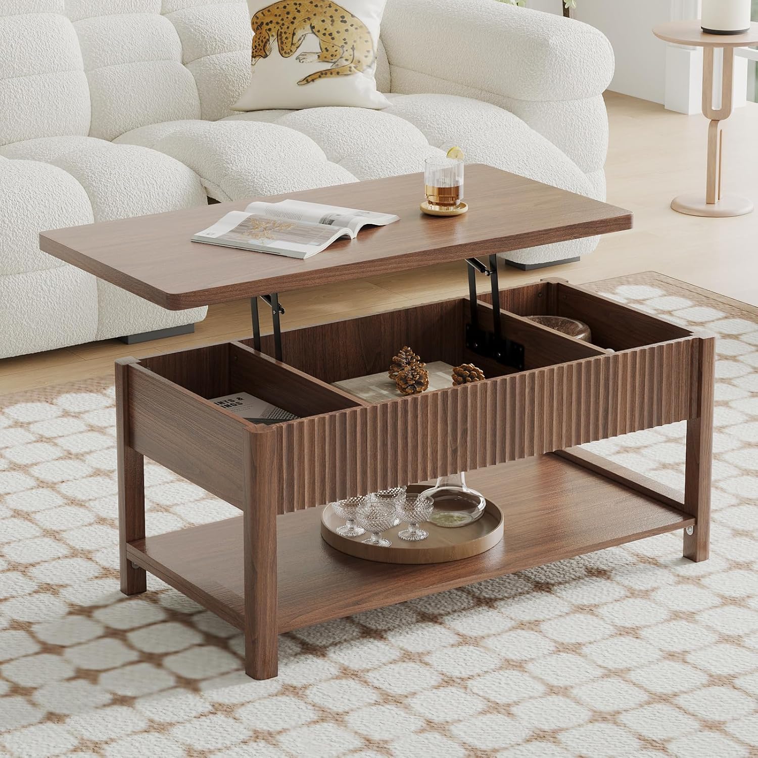 Lift Top Coffee Table with Storage for Living Room, 2-in-1 Modern Center Table & Desk with Hidden Storage Compartment & Open Shelf, Space Saving for Small Space & Apartment (Walnut)