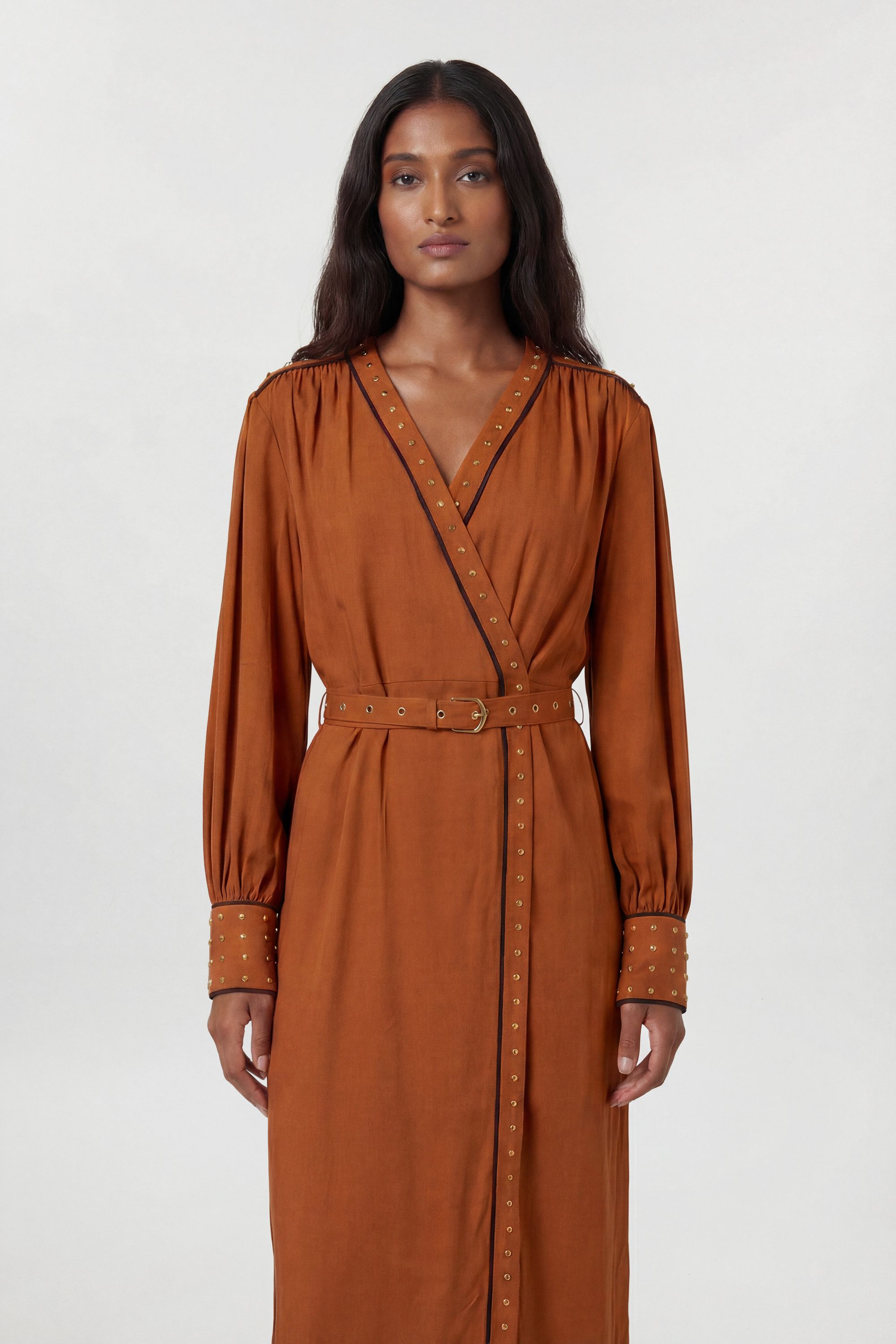 KarenMillen Premium Viscose Linen Woven Wrap Dress With Stud Detail
