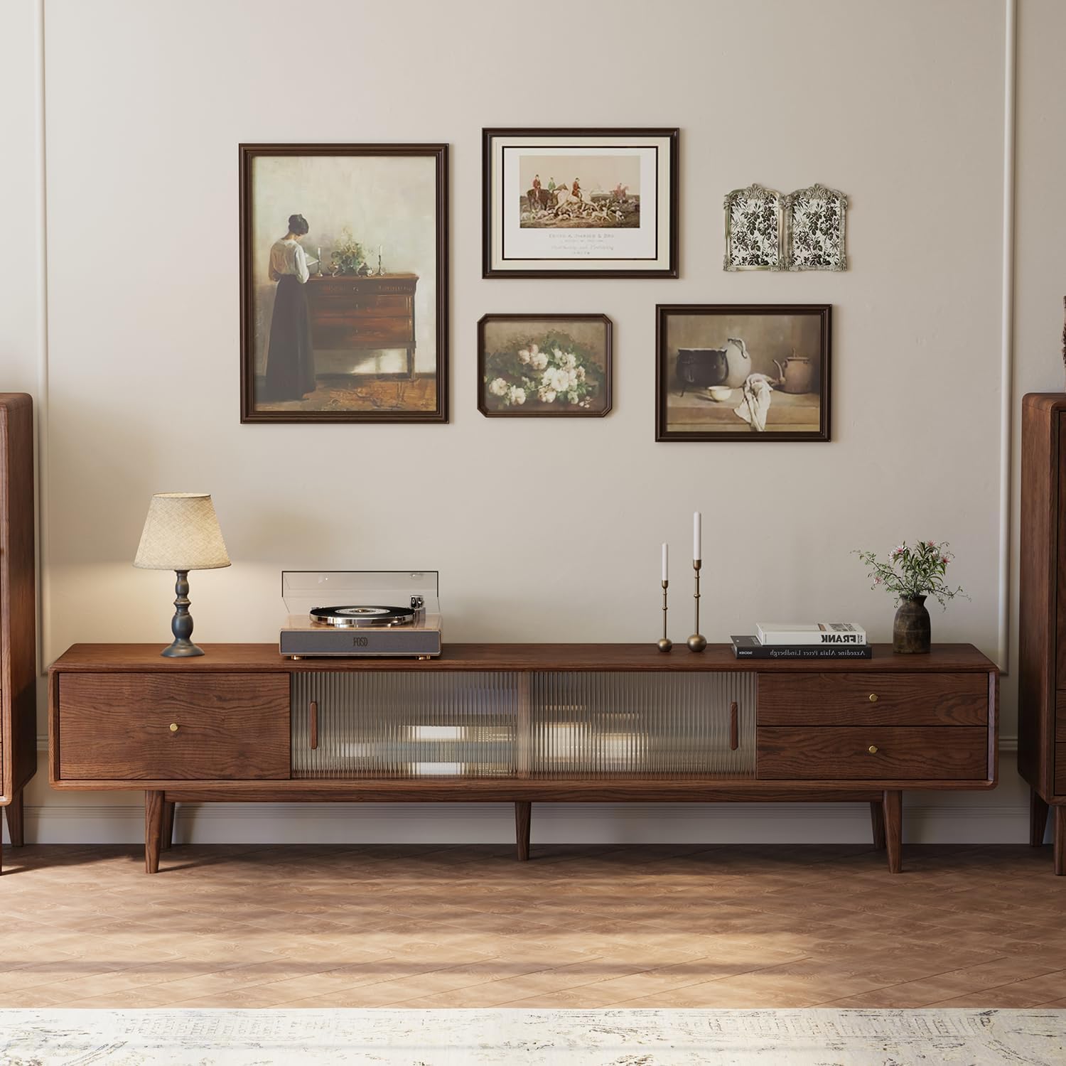 78.74 L Solid Oak Wood TV Stand for 70-85 Inch TVs, Entertainment Center with Storage, Glass Sliding Door TV Console with 2 Drawers and 3 Cabinets, TV Stands for Living Room (Walnut Wood - Log Color)