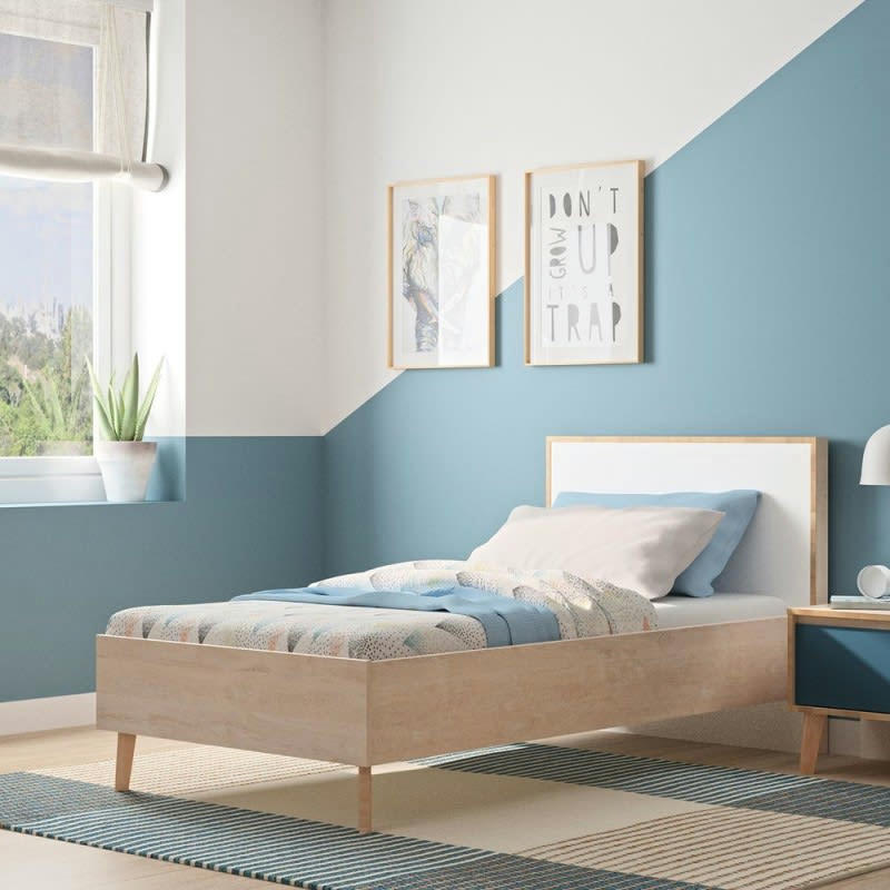 SIDOINE - Lit simple 90x190 beige et blanc enfant ado