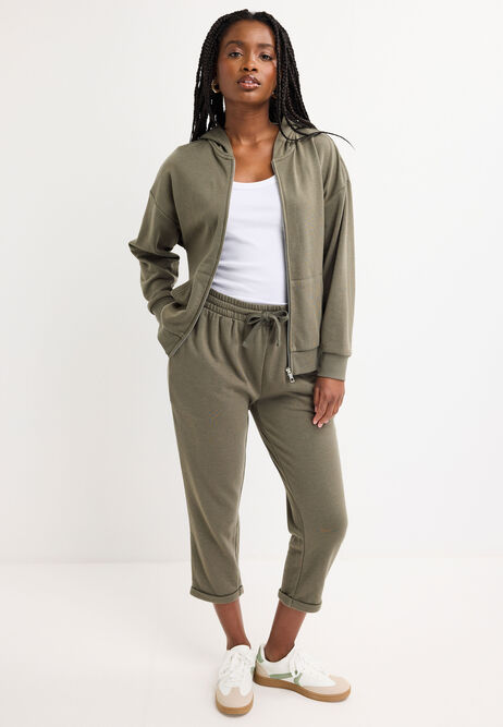 Womens Khaki Zip Through Hooded Sweatshirt