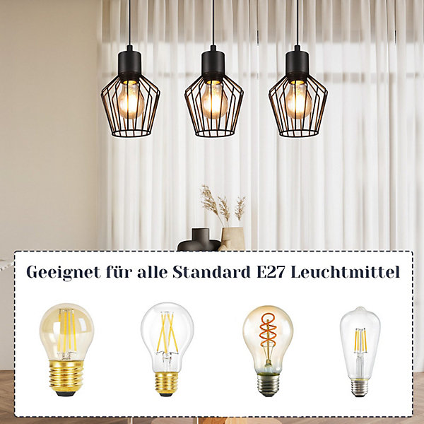 NETTLIFE Suspension 3 flammes suspension métal industrielle noir LED E27 métal