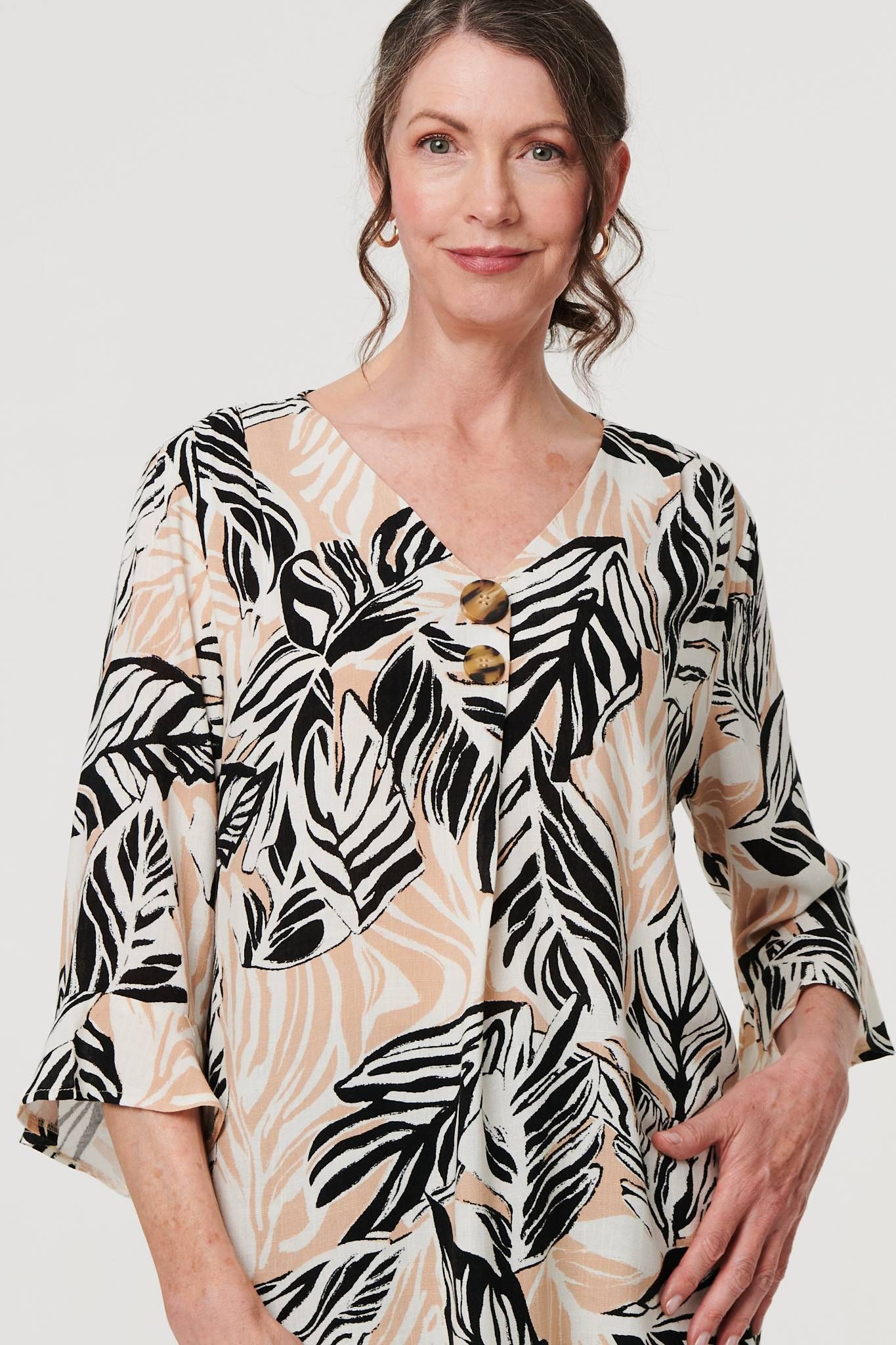 Izabel London Leaf Print 3/4 Sleeve Button Trim Blouse