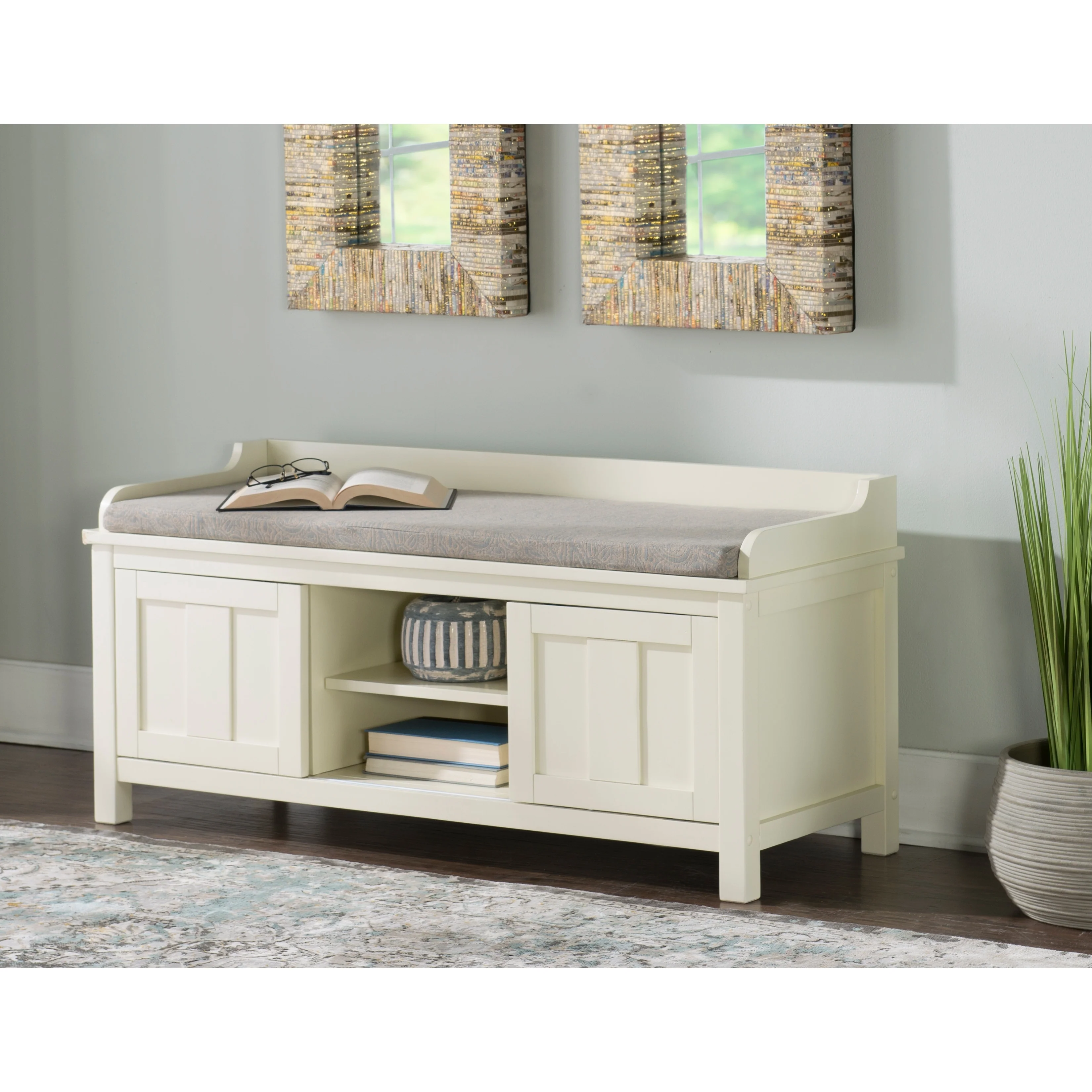 Lakeville White Metal/Wood Cushioned Storage Bench