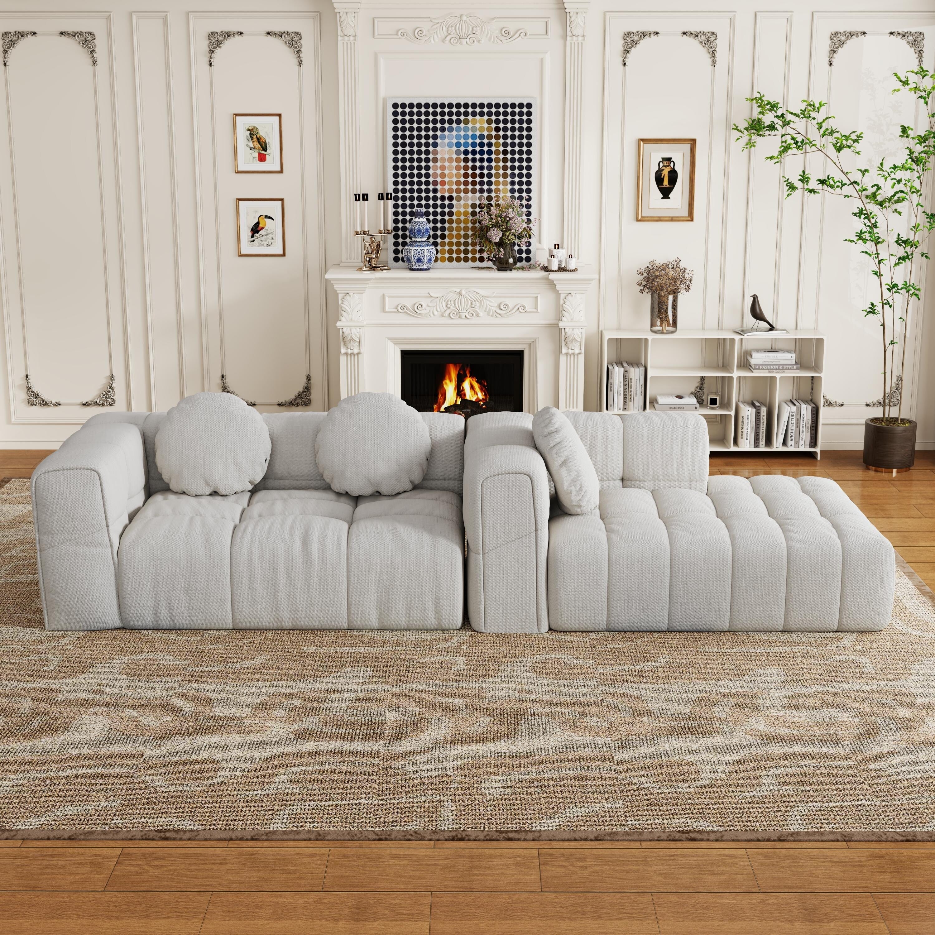 Modern upholstered combination sofa set, fully compressed modular L-shaped combination living room sofa set with 3 pillows