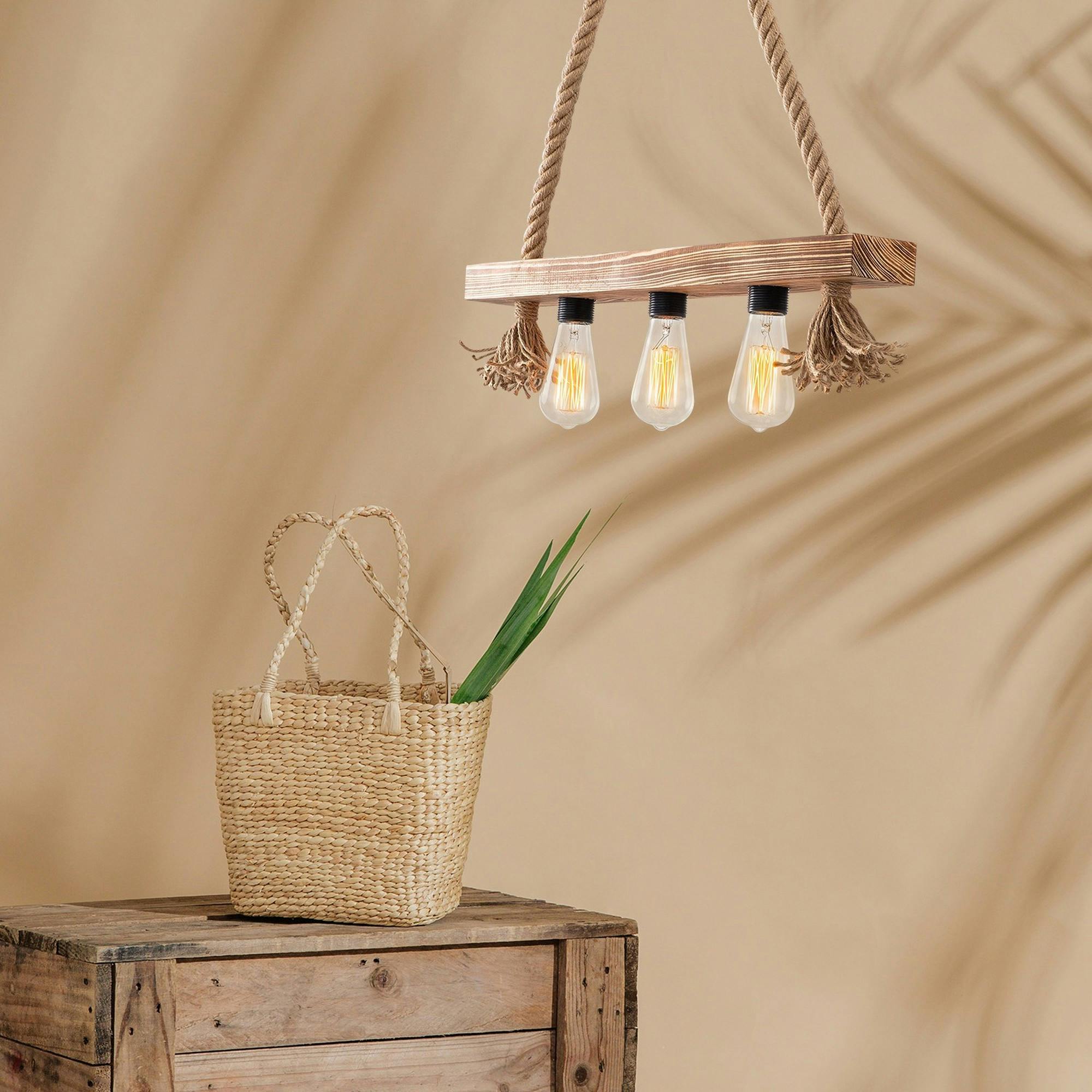 Suspension industrielle bois & corde - 3 ampoules CAMOGLI