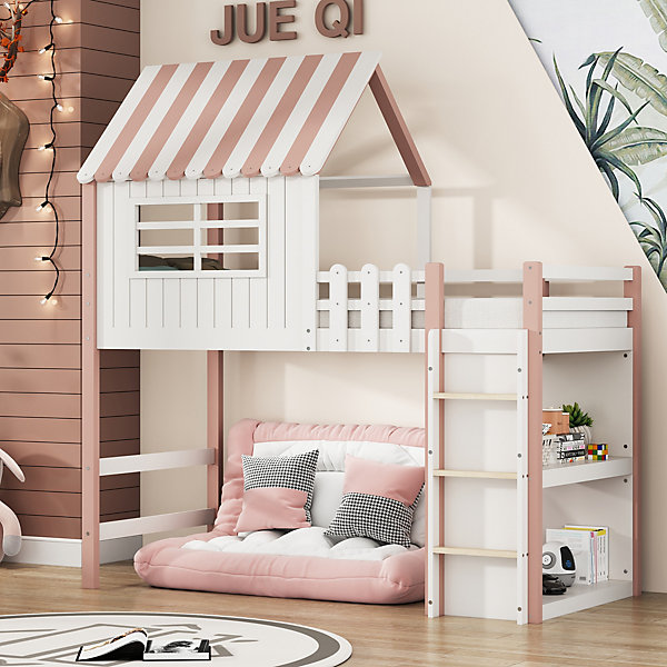 Lit Mezzanine 90 x 200 cm - Lit Cabane enfant avec échelle de Sécurité, Rangement, Sans Matelas - Bois Massif et MDF, Rose