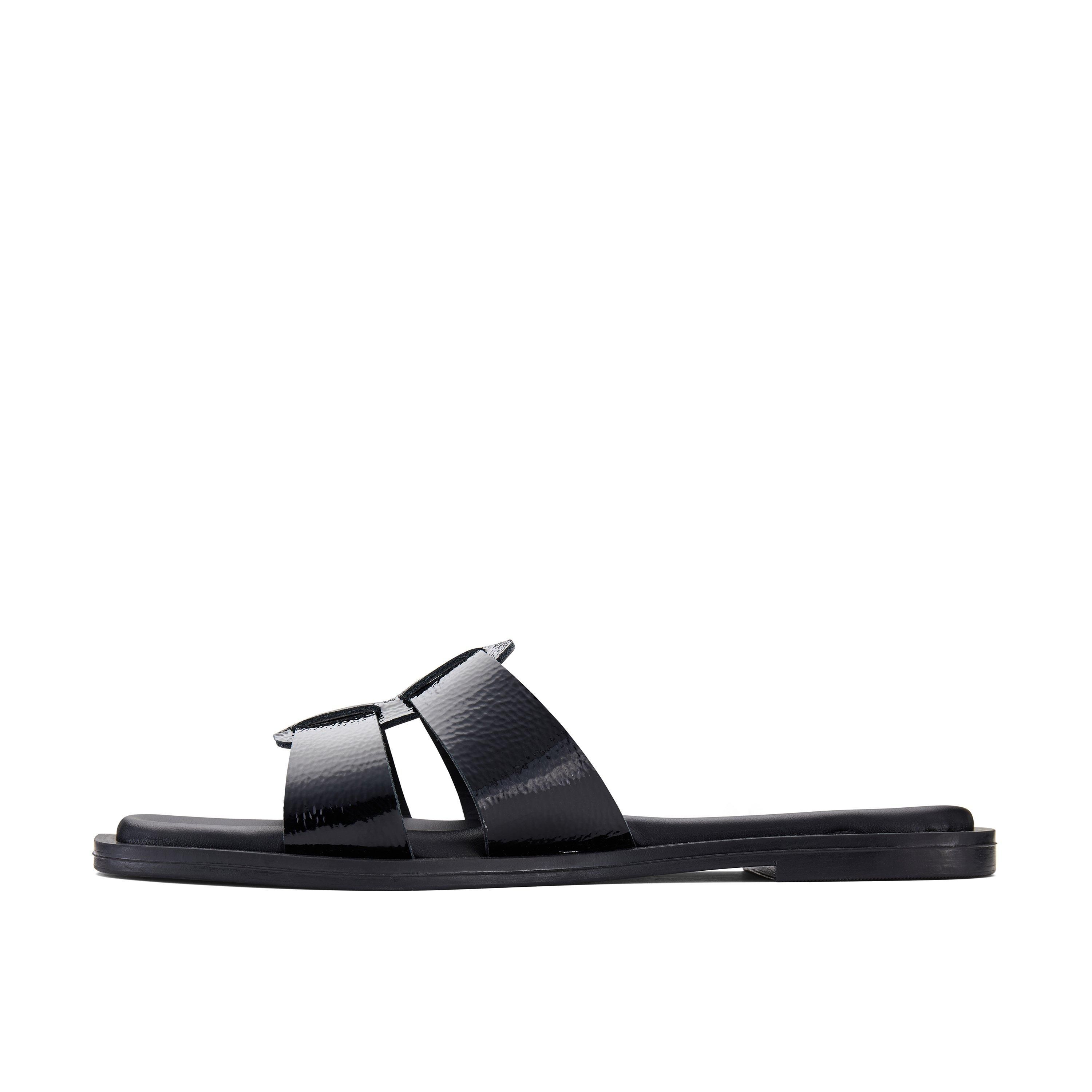 Clarks Trala Slide Black Patent Flat Sandals,Sliders