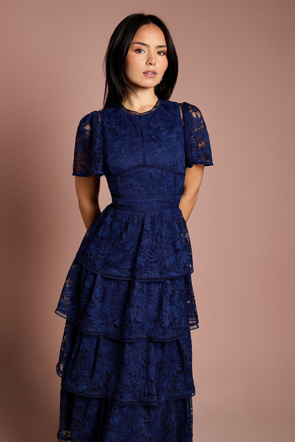 Coast Petite Tiered Lace Dress With Flutter Sleeve & Trims