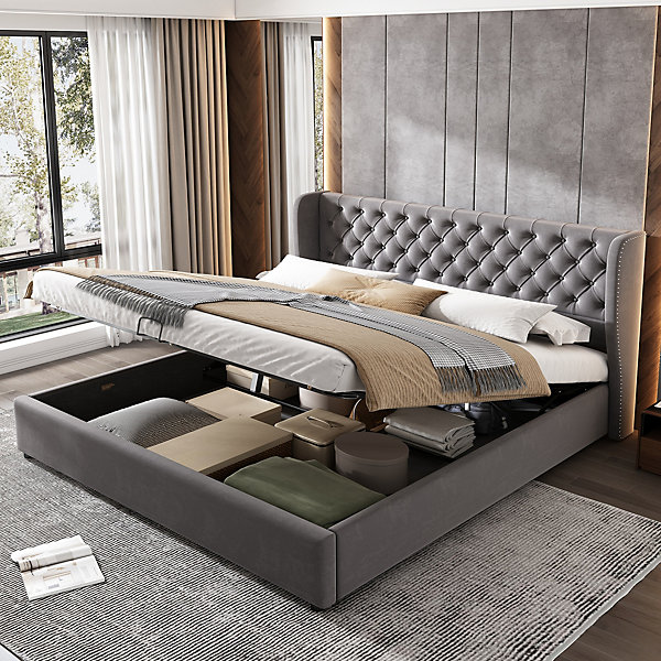 Lit 160x200 cm avec coffre hydraulique et tête de lit capitonnée en velours gris