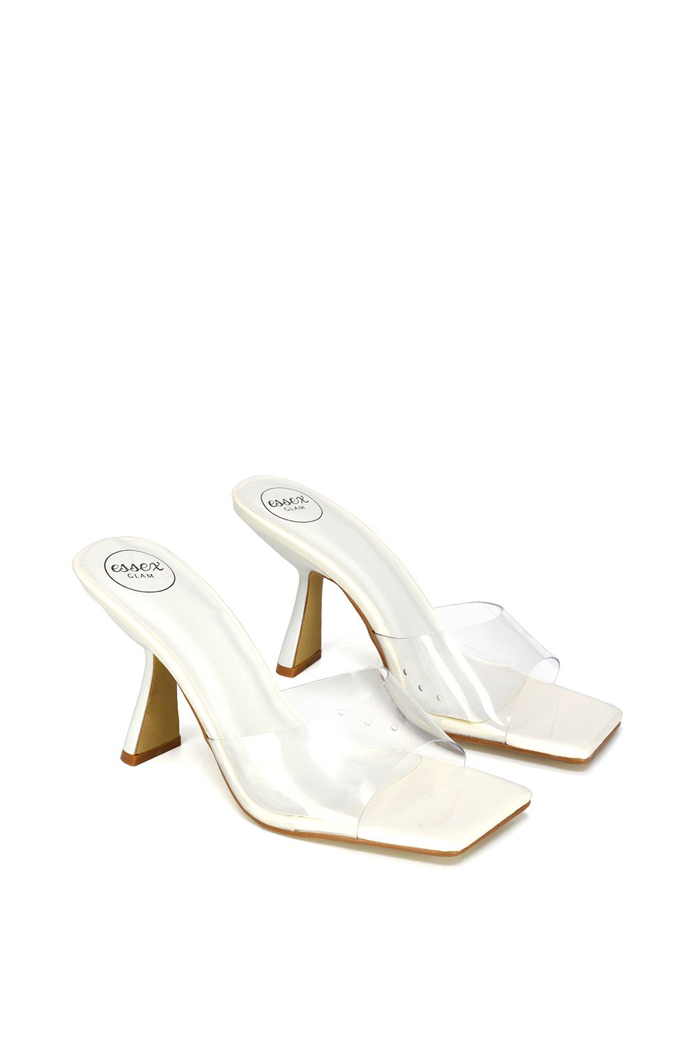 XY London Lacie' Square Toe Thin Block High Heel Mule Sandals With Perspex Strap