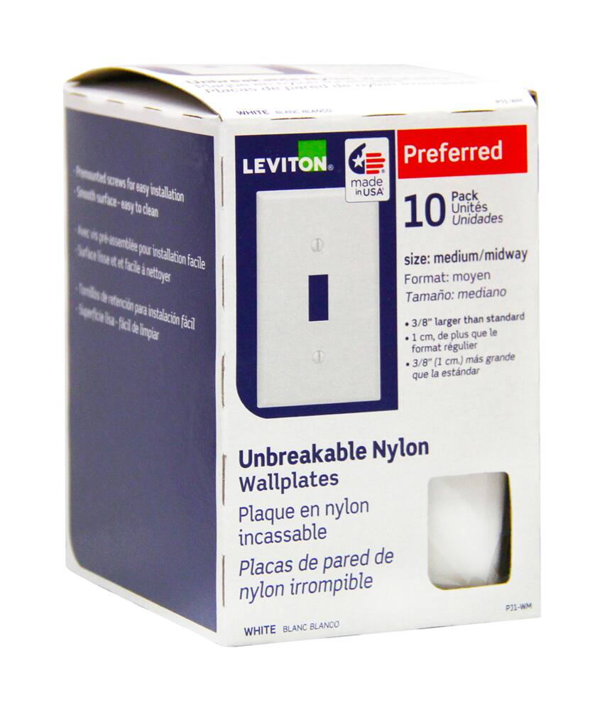 Leviton 00PJ1-755 Toggle Style Switch Midway Nylon Wallplate, 1 Gang, White, 10-pk