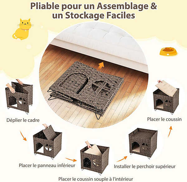 Niche Chat en Rotin, Niche Pliable à 2 Niveaux avec Grotte Cachée, Maison Chat avec Plateforme Supérieure, 2 Coussins Doux