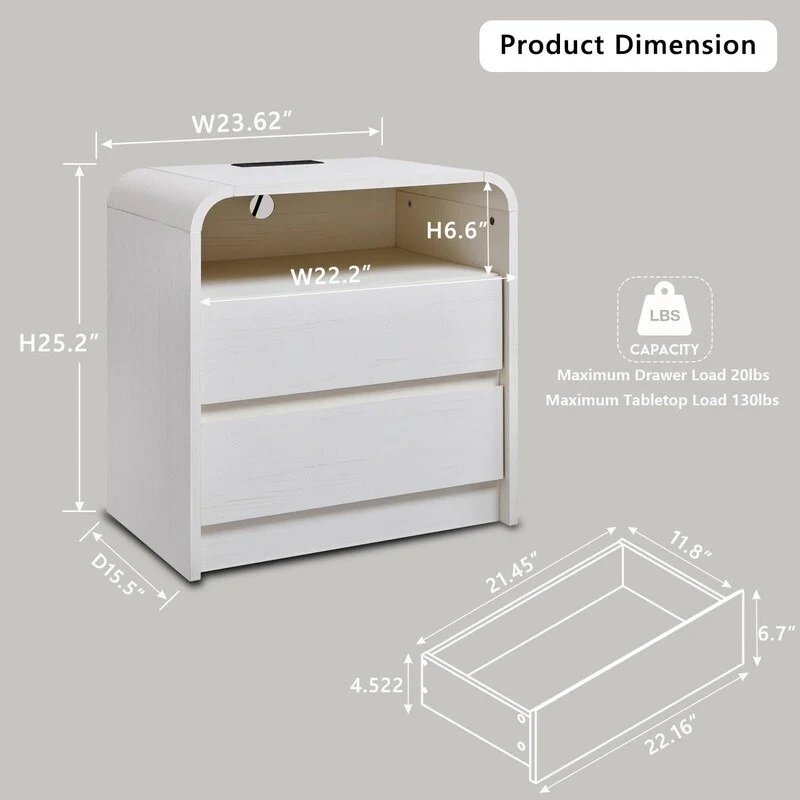 Modern Nightstand with Chargers Wide Wooden Nightstand with 2 Storage Drawers Curved Contour Design