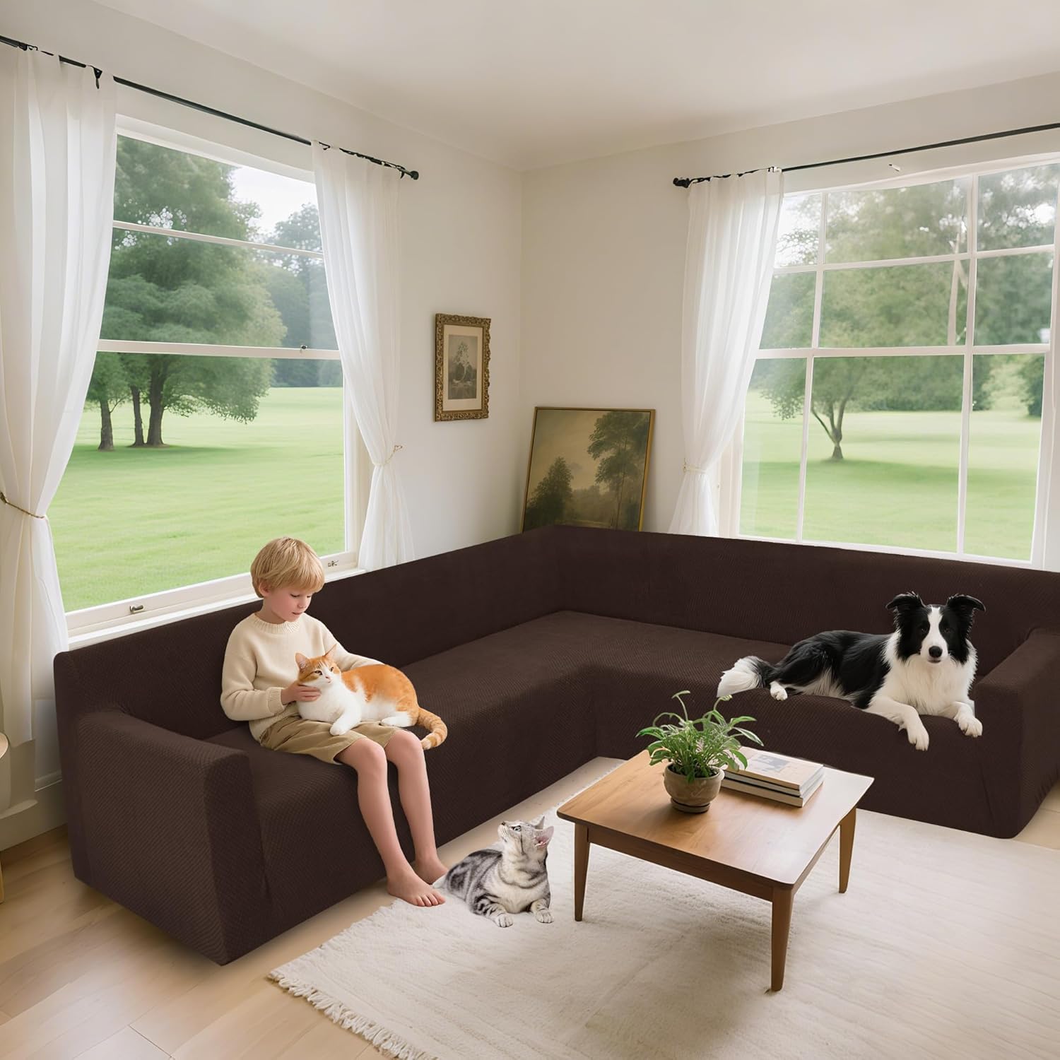 Arfntevss Stretch Sectional Couch Covers L Shaped Corner Sectional Sofa Cover Washable Jacquard Soft Fleece U Shape Sofa Slipcovers Anti Slip Furniture Protector for Dogs Pets (Small, Dark Brown)
