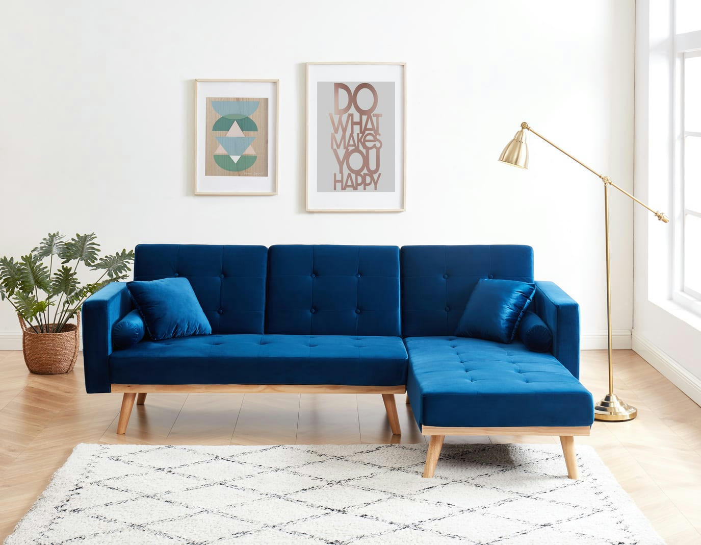 KELLY - Canapé d'angle convertible en velours 4 places bleu