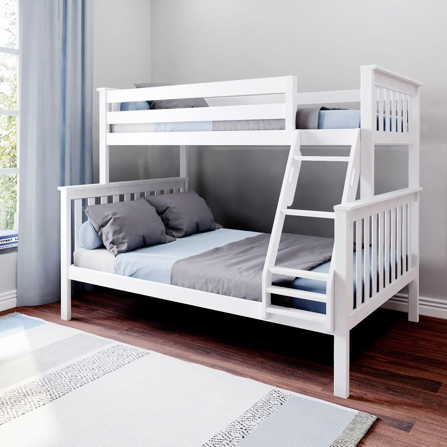 Max & Lily Bunk Bed Twin Over Full Size with Ladder, Solid Wood Platform Bed Frame with Ladder for Kids, 14 Safety Guardrails, Easy Assembly, No Box Spring Needed, White