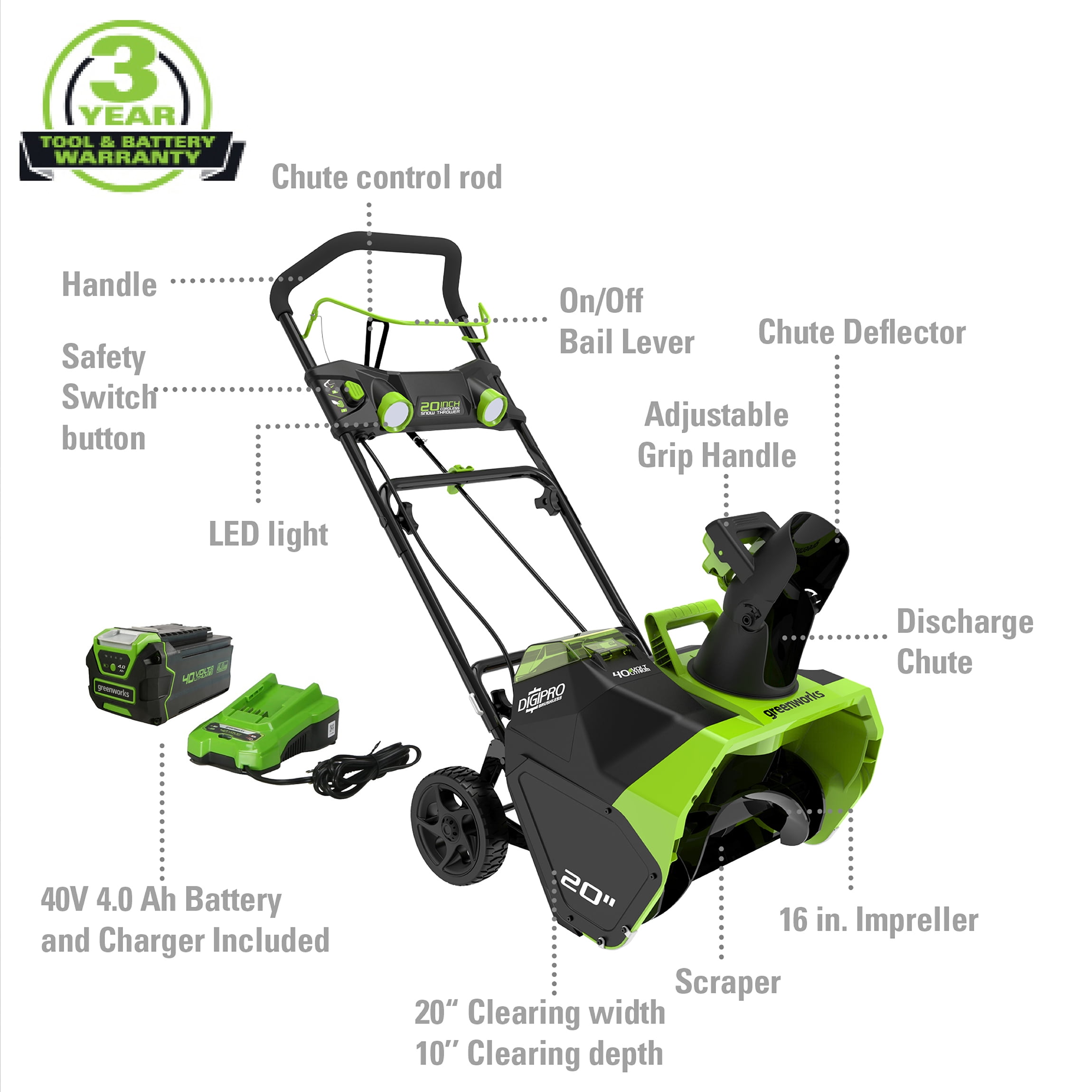 Greenworks 40V 20 Cordless Brushless Snow Blower with 4.0 Ah Battery & Charger, LED Lights, 180掳 Chute