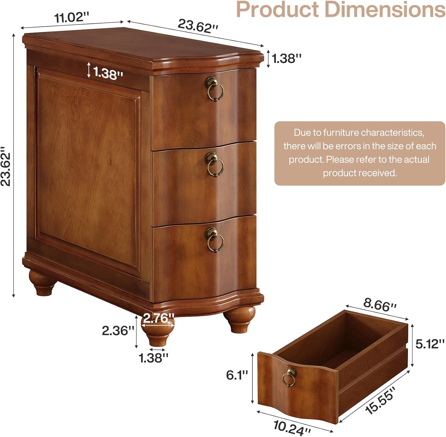 Tribesigns Wood End Table Set of 2, Fully Assembled Narrow Slim Side Table, No Assembly Required, Nightstand for Bedside, Small Spaces, Living Room, Bedroom, Walnut Brown