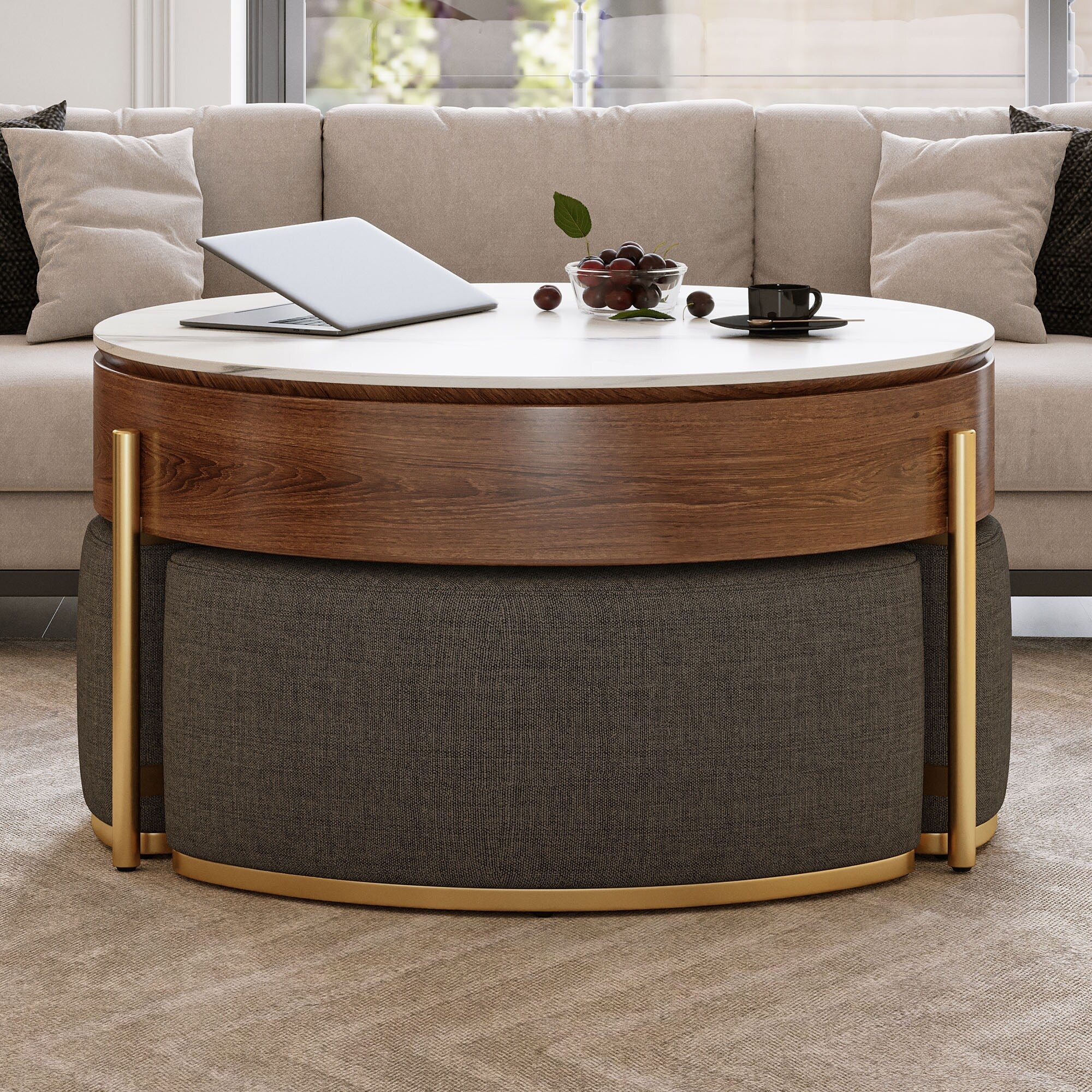 Modern Lift-Top Round Coffee Table with Hidden Storage, 3 Upholstered Nesting Ottomans, Space-Saving Design