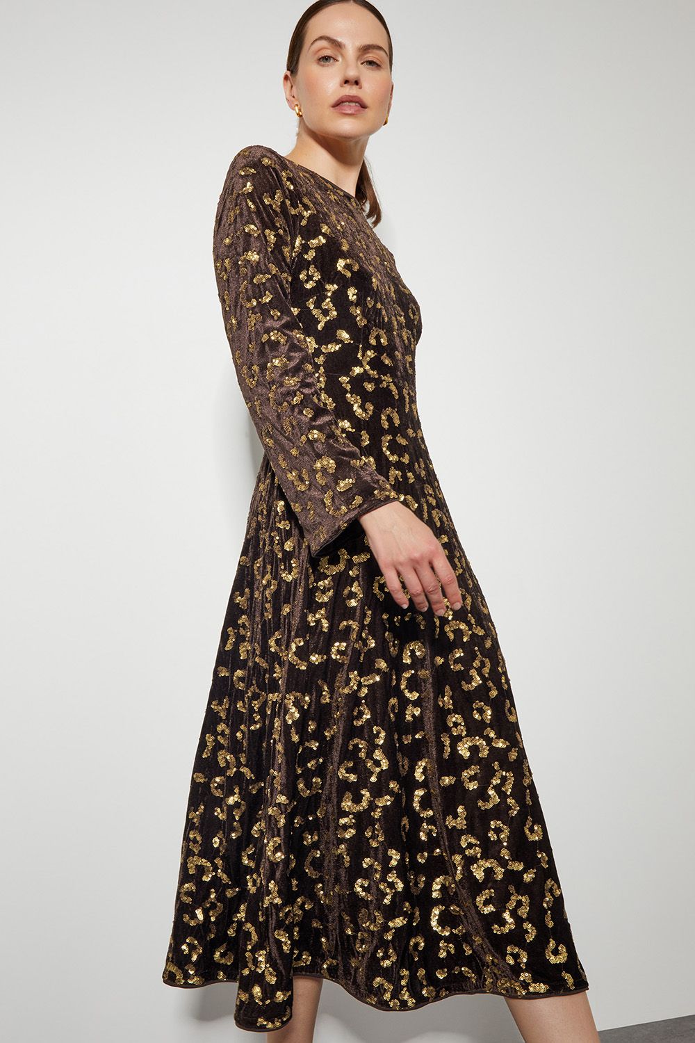 Monsoon Arwen Sequin Leopard Velvet Midi Dress Brown