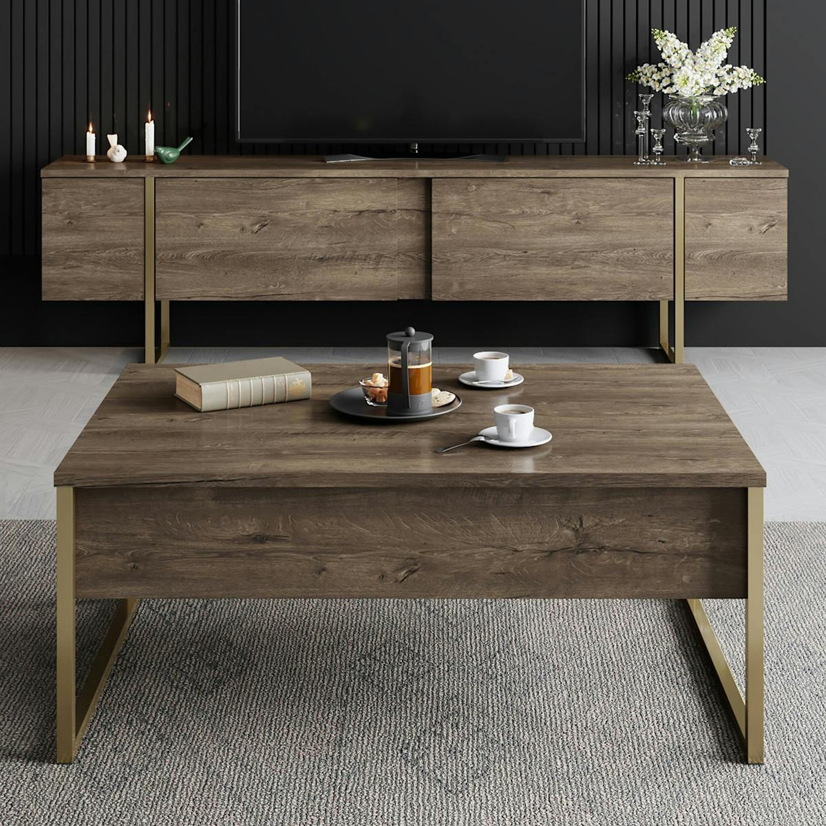 Table basse rectangulaire effet bois foncé, pieds dorés JENA