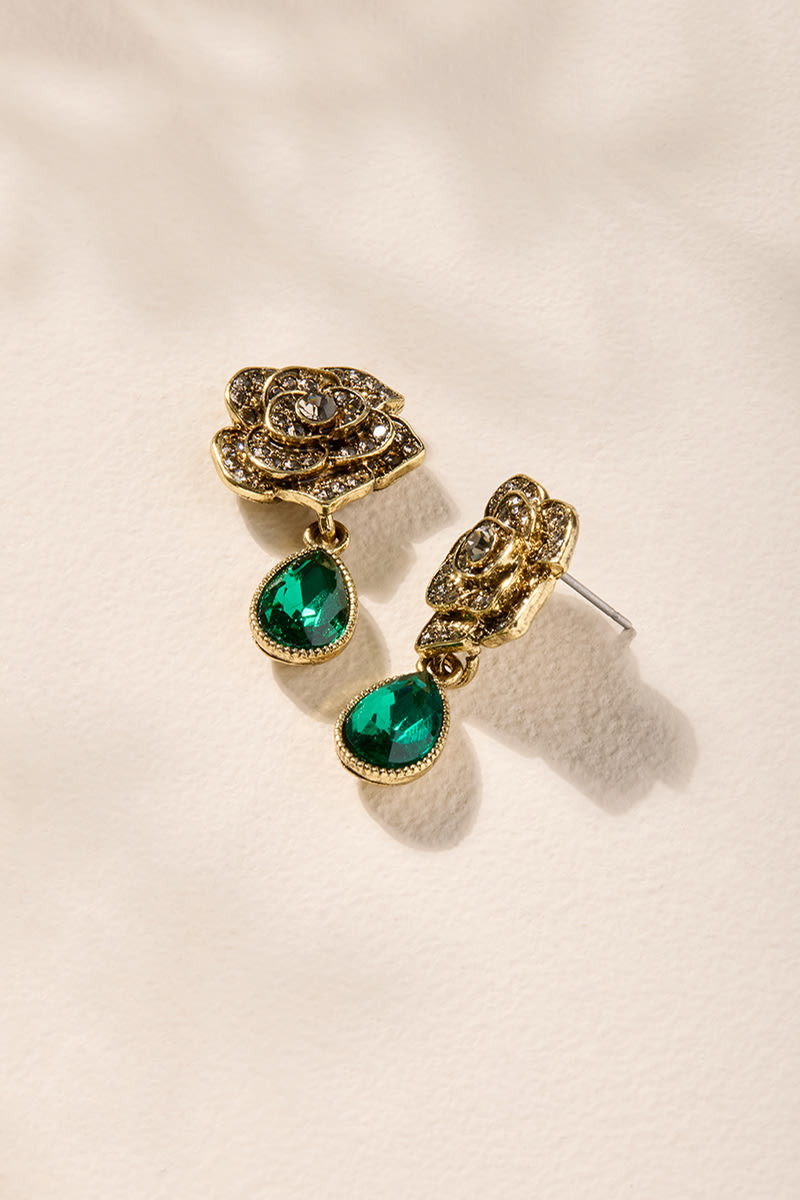 Celine Pave Rose Emerald Drop Earrings