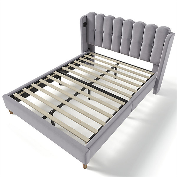 Lit adulte lit 140x200 cm lit rembourré avec fonction de charge usb type c lit double lin gris