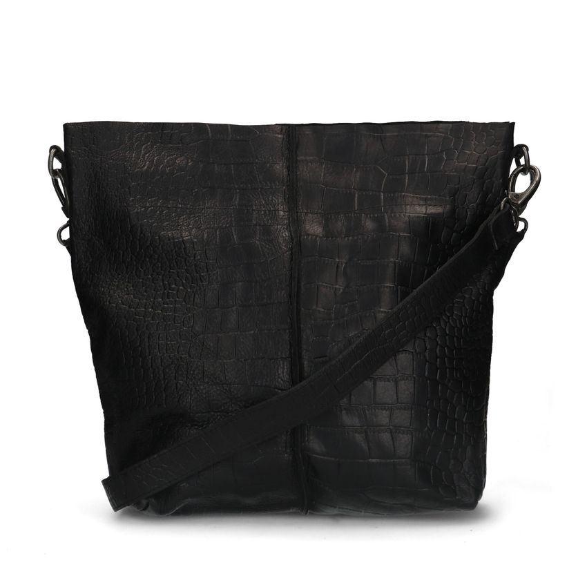 Manfield Zwarte leren shopper met crocoprint