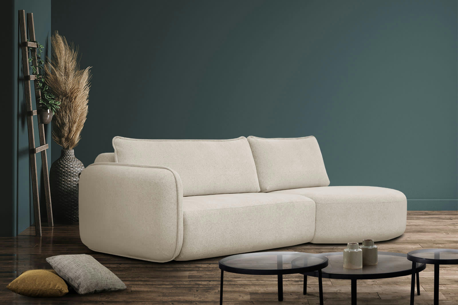 IPSUM - Canapé d'angle droit 3 places avec l'île tissu beige