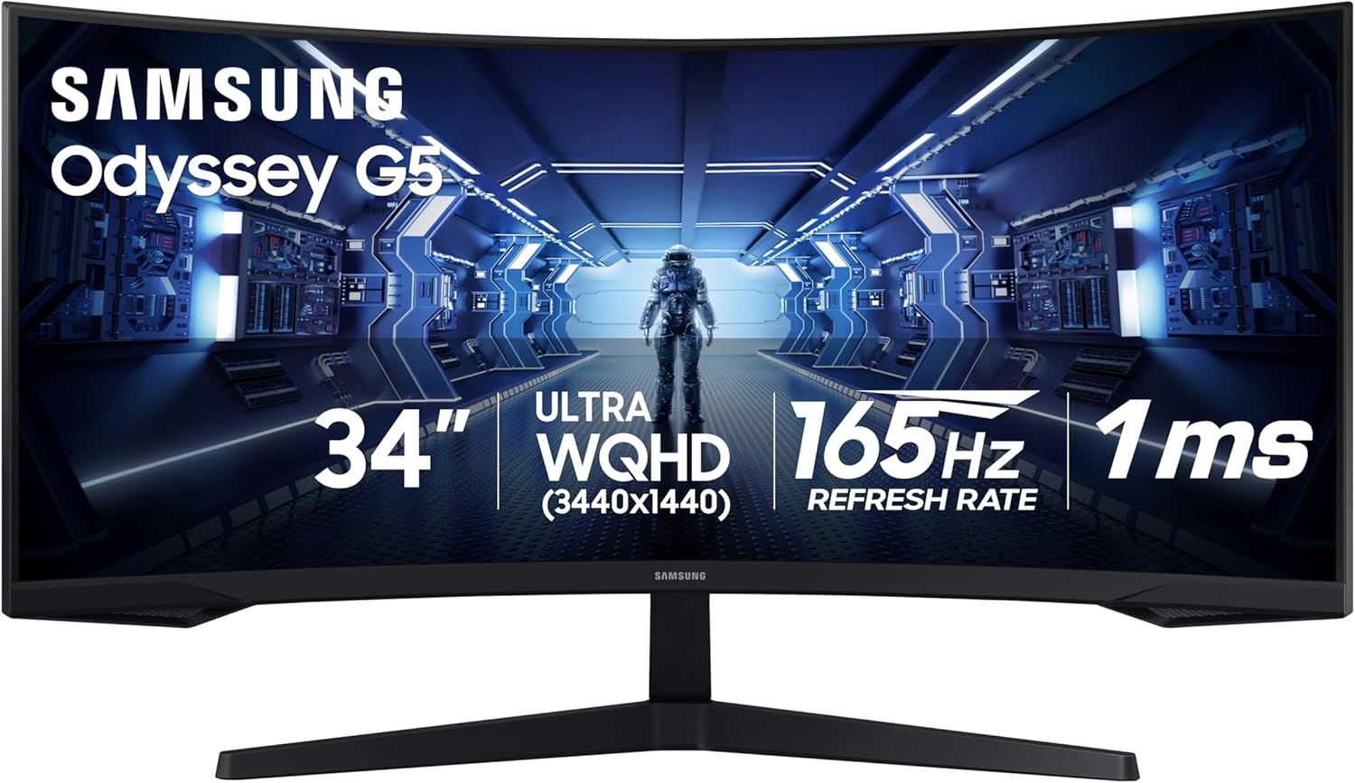 SAMSUNG 34' Odyssey G5 Ultra-Wide Gaming Monitor with 1000R Curved Screen  165Hz  1ms  FreeSync Premium  Large Display  Eye Comfort  Multiple Ports  WQHD  LC34G55TWWNXZA  Black