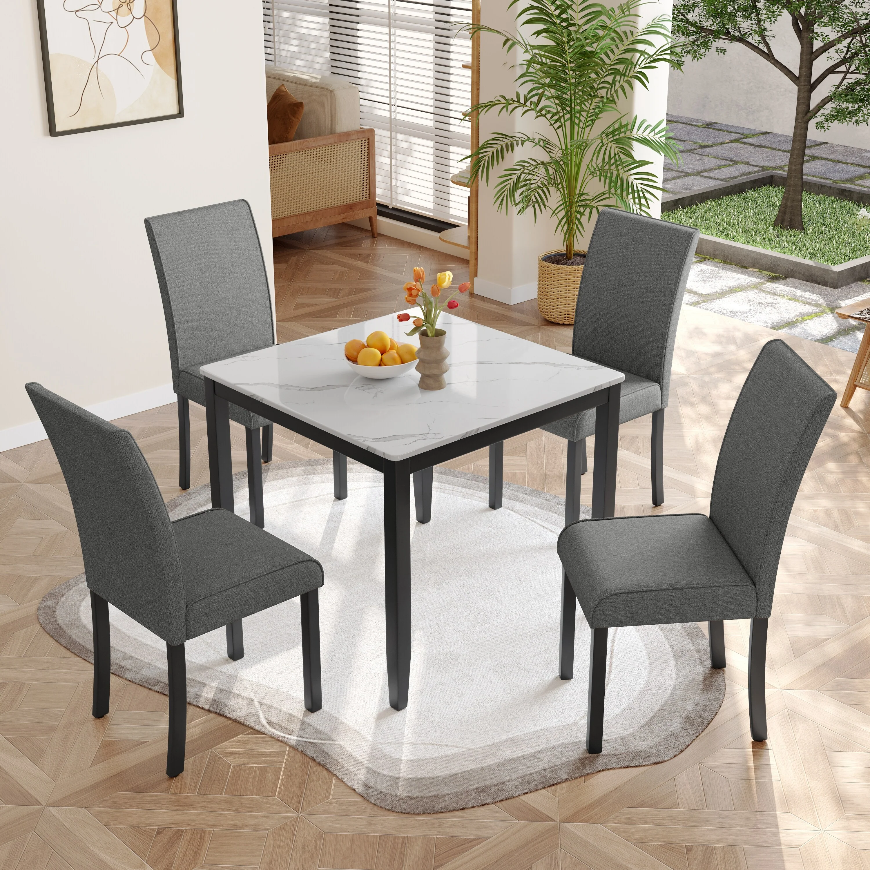 Corvus Fowey 5-piece Dining Set, Marble Sticker MDF Table and 4 Upholstered Chairs