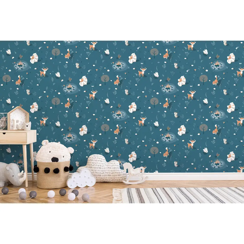 Dutch Wallcoverings behang - My Kingdom Campfire Animals blauw - 0.53x10,05m