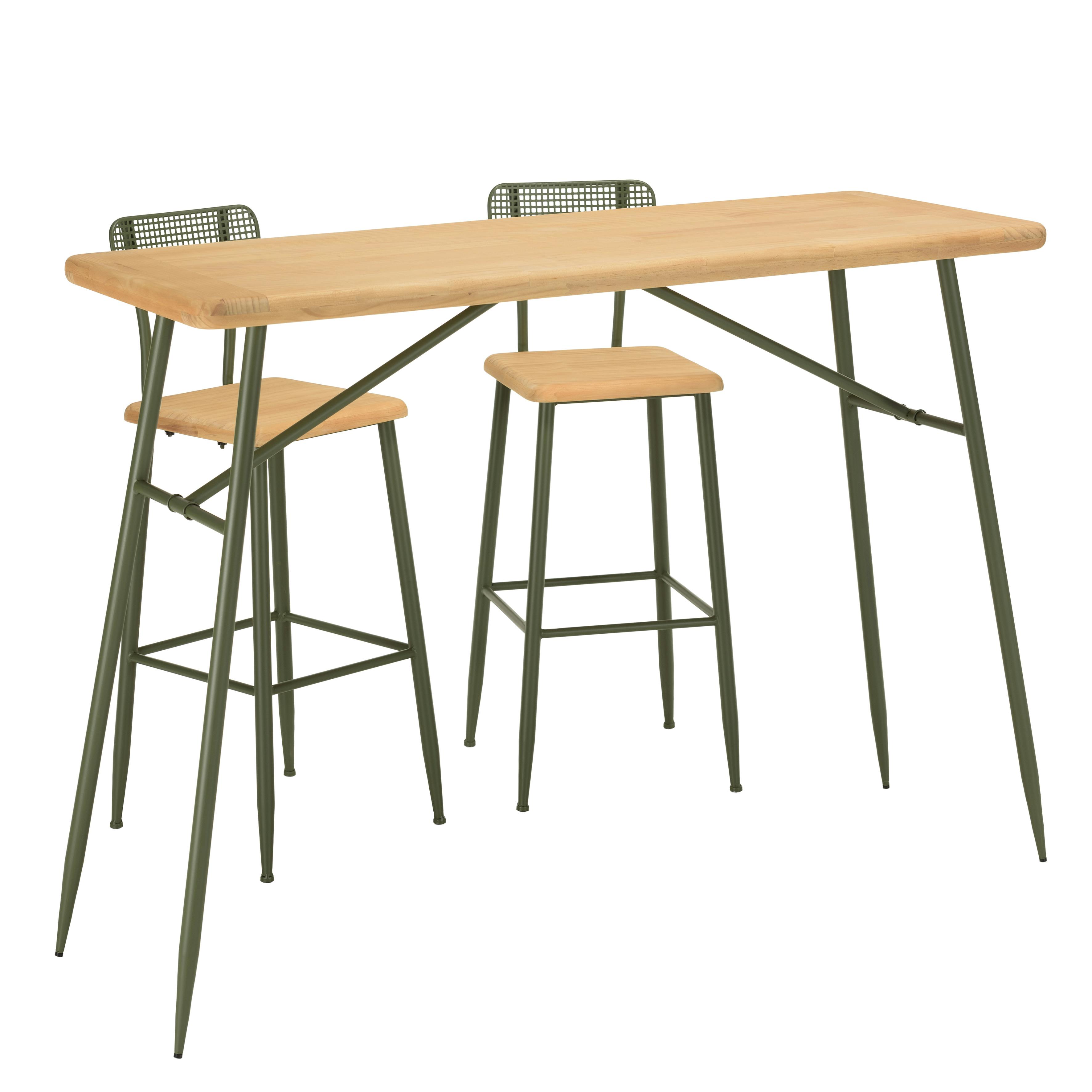 Table de bar   2 chaises hautes pin et métal vert BAGAN