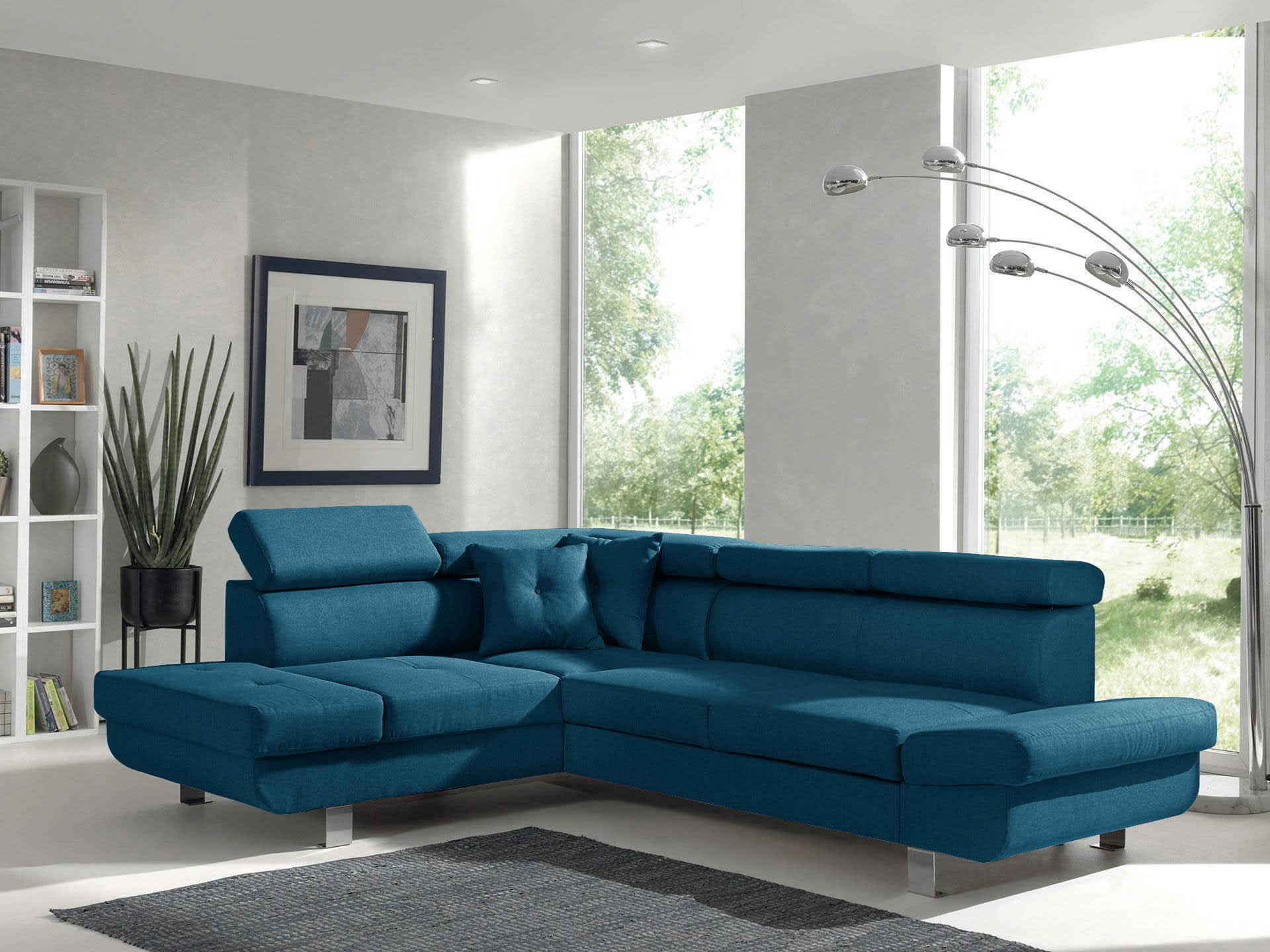 LISBONA - Canapé d'angle gauche convertible 5 places en tissu bleu canard