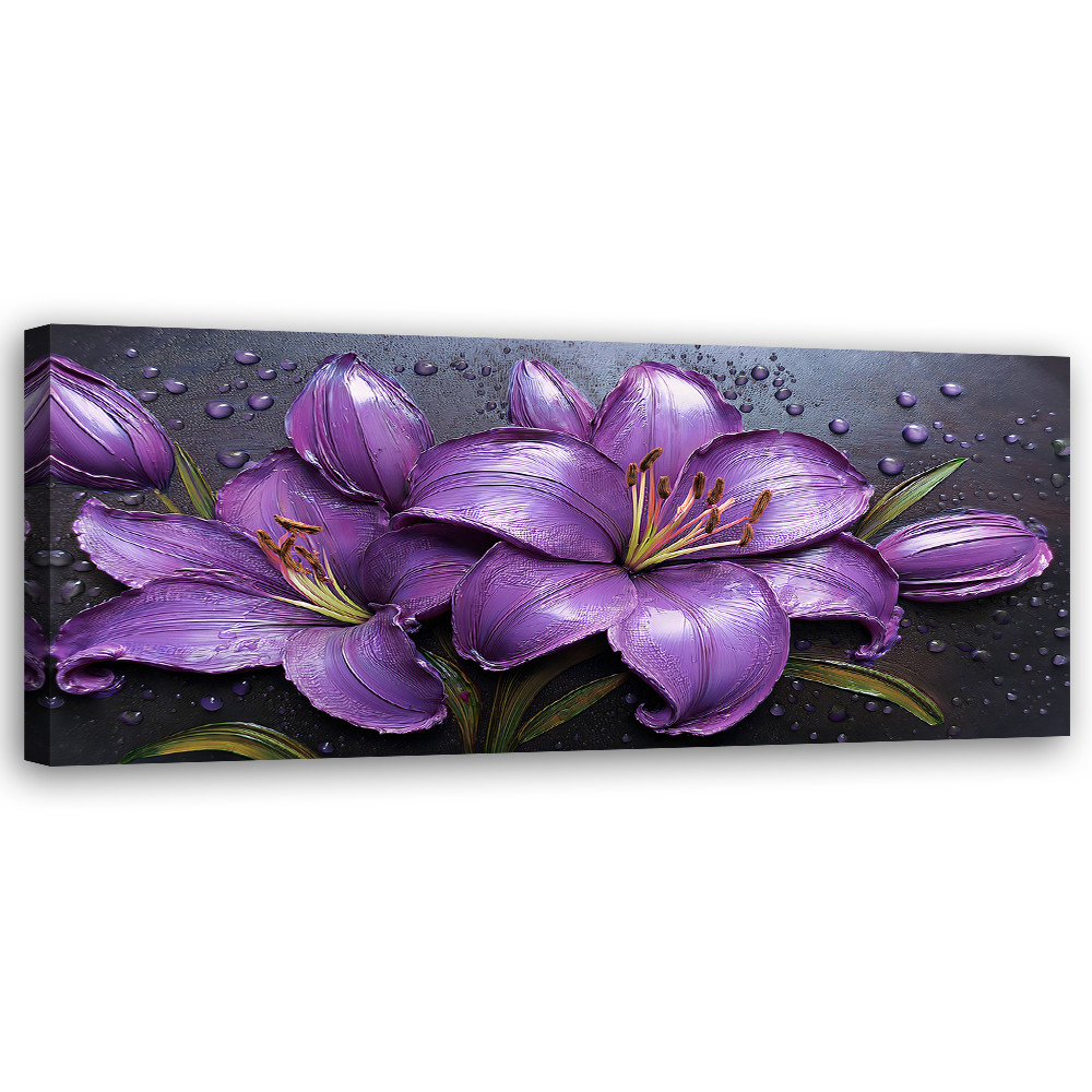 Feeby Obraz na płótnie, Fioletowe Lilie Kwiaty Krople Rosy 90x30