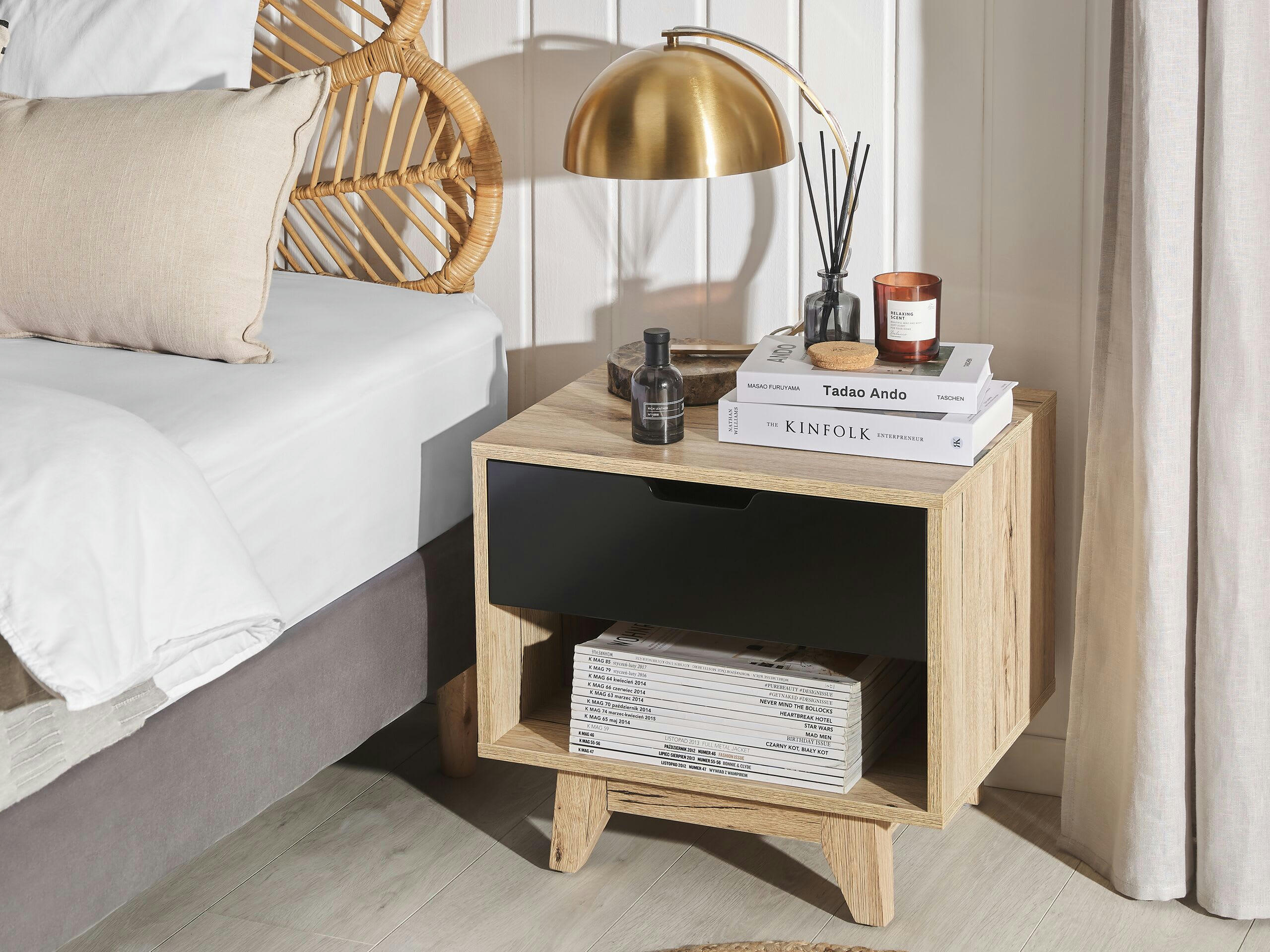 SPENCER - Table de chevet effet bois clair noir